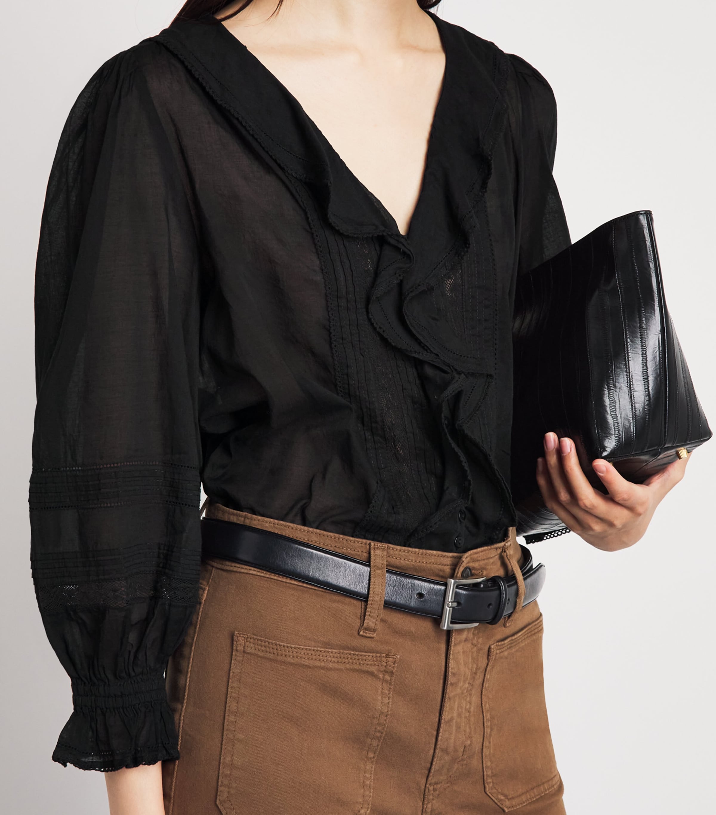 ME+EM Womens Cotton Voile Ruffle Blouse Black Image 3