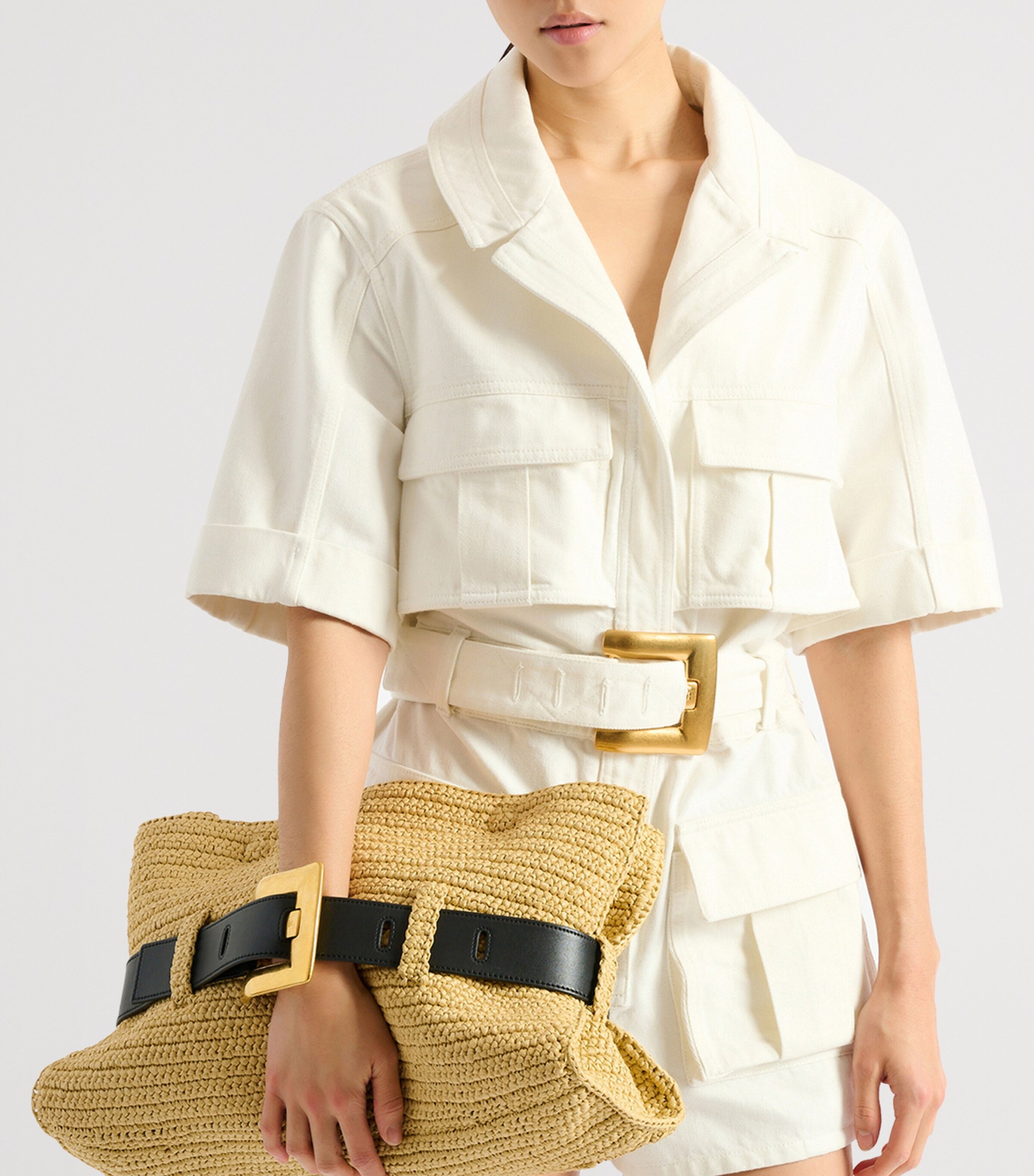 Balmain Medium Faux-Raffia Anthem Shoulder Bag Gte Naturel / Noir Image 6
