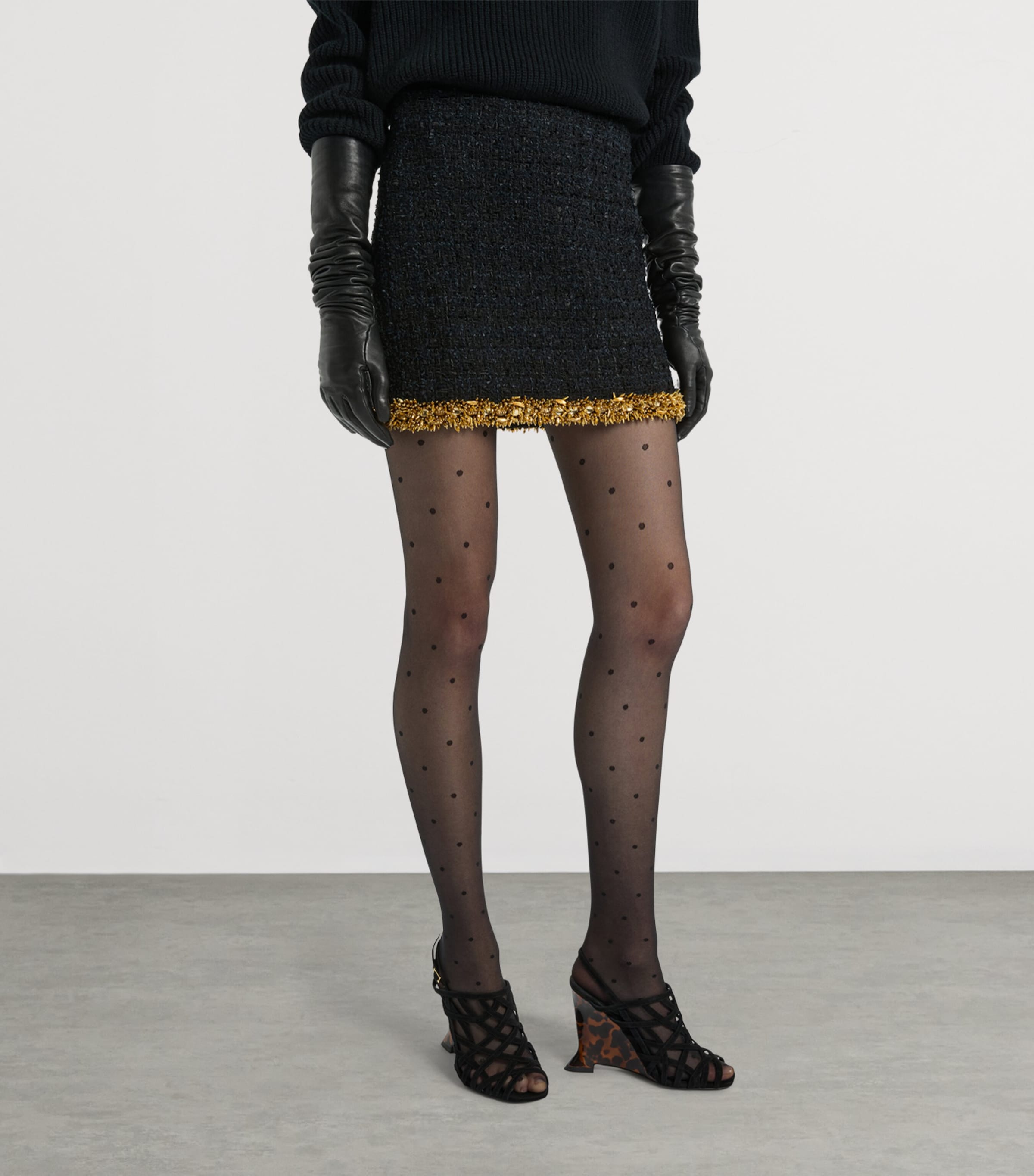 Balmain Womens Tweed Beaded-Hem Mini Skirt Ead Noir Or Image 4