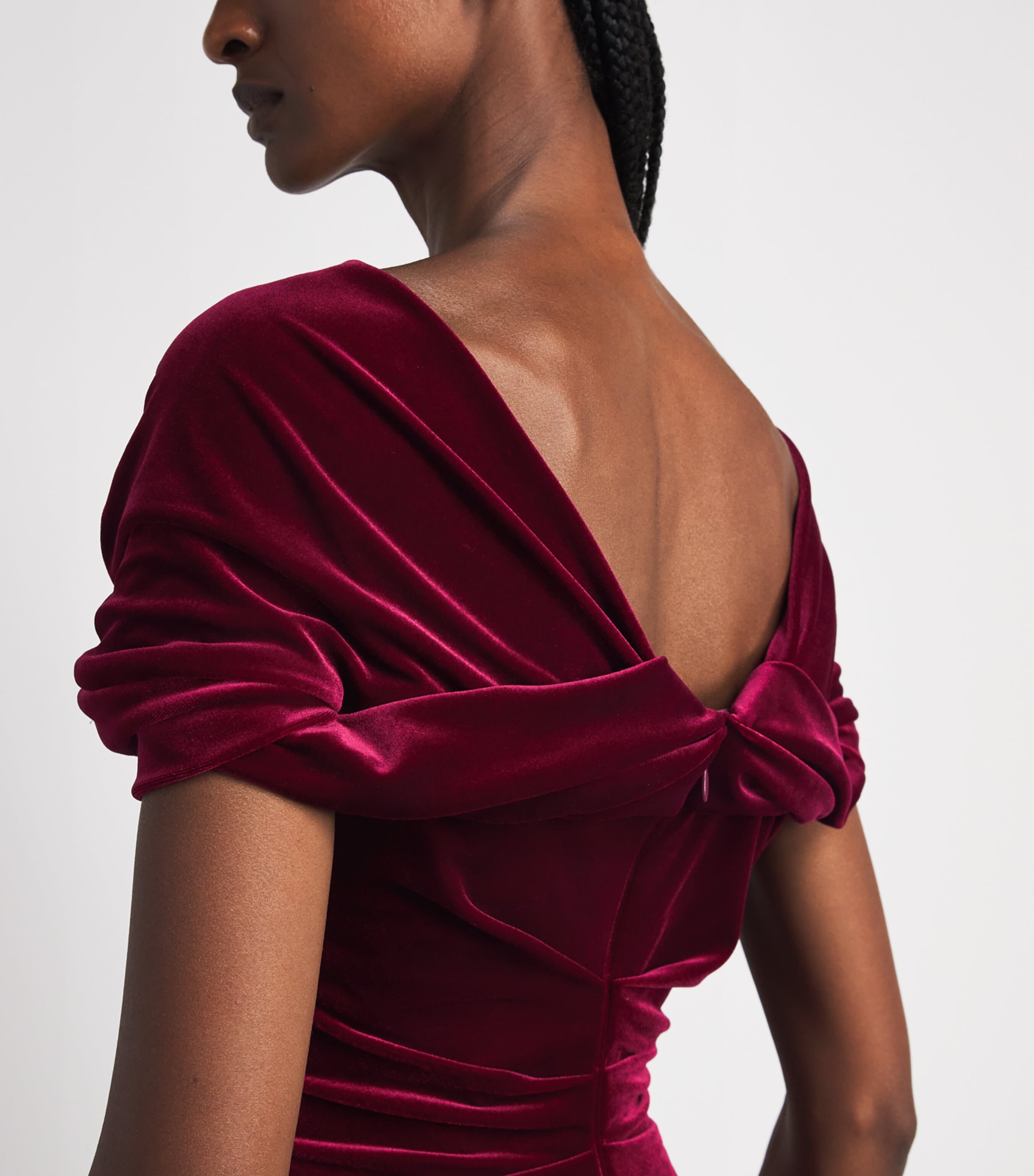 Talbot Runhof Womens Stretch-Velvet Ruched Gown Burgandy Image 3