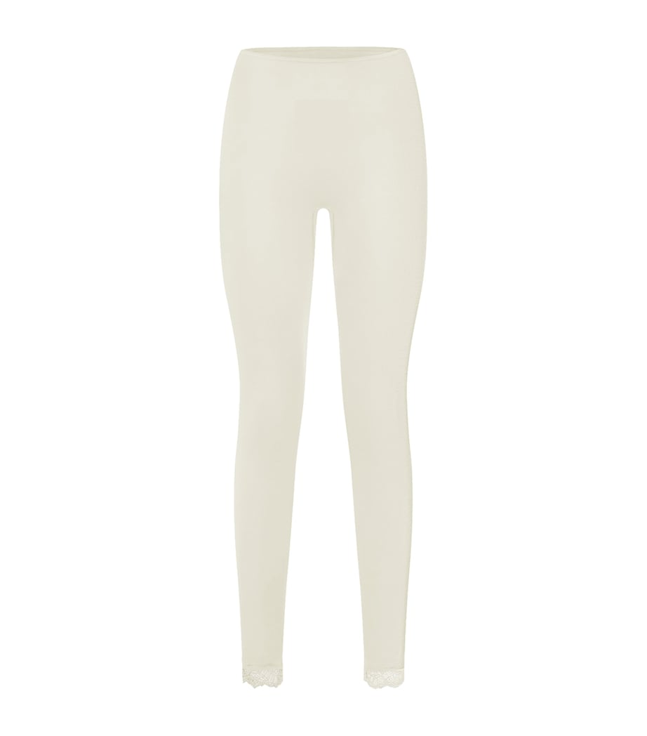 Hanro Womens Wool-Silk Lace-Hem Leggings Misty White Image 1