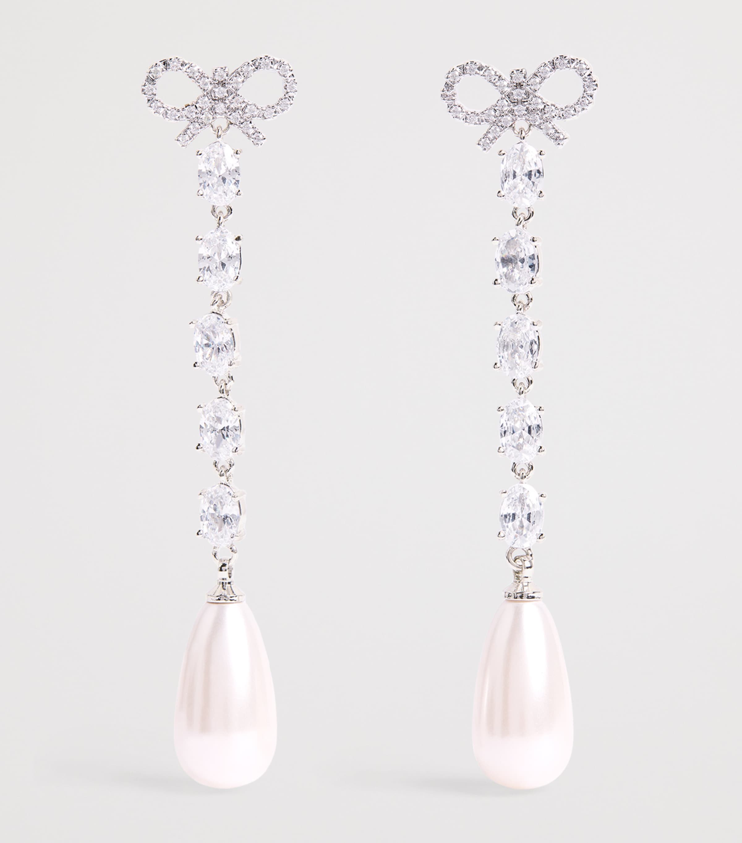 Crystal and Faux Pearl Bow Drop Earrings SILVER Image 3