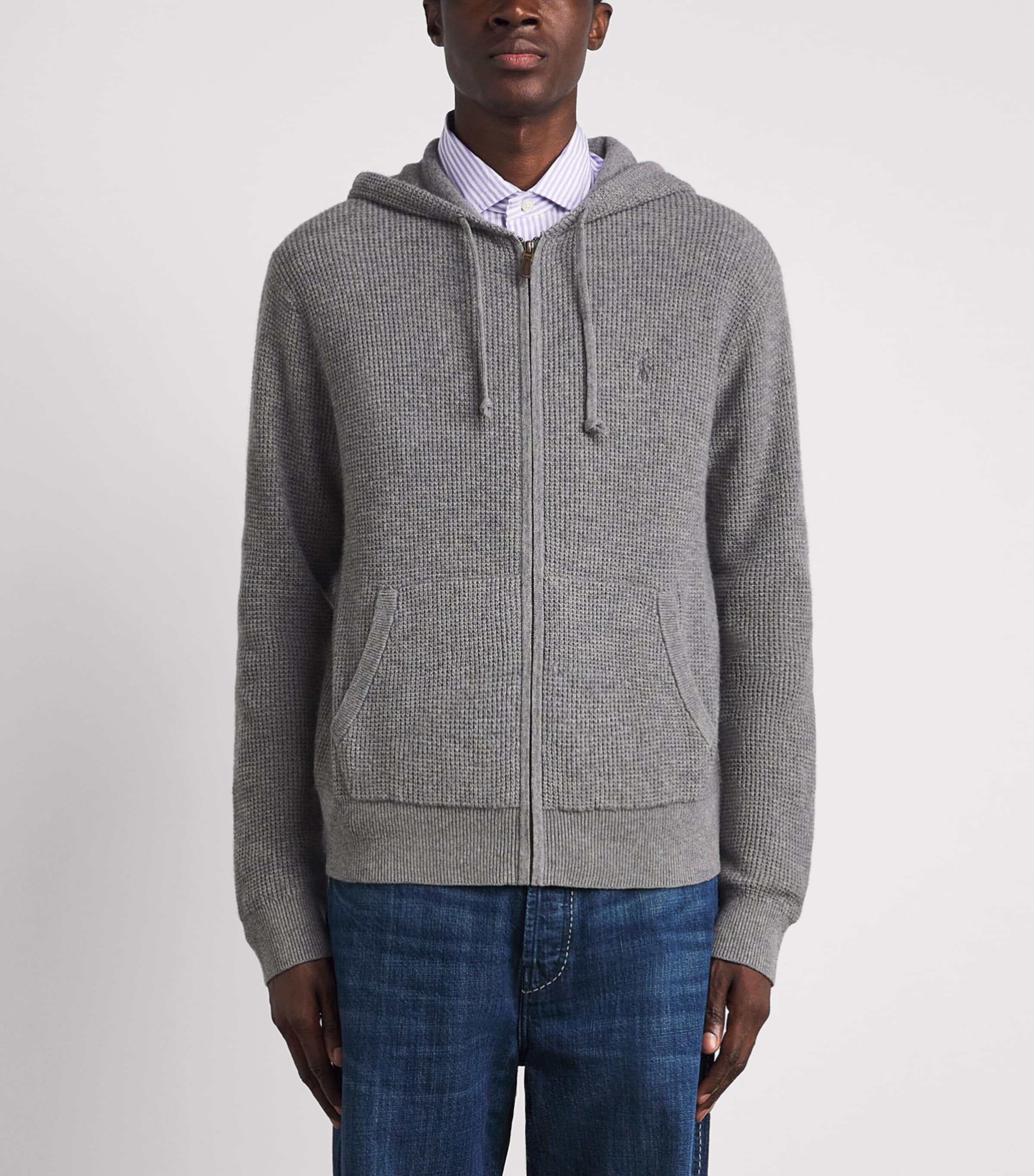Polo Ralph Lauren Mens Wool-Cotton Waffle-Knit Zip-Up Hoodie Fawn Grey Heather Image 4