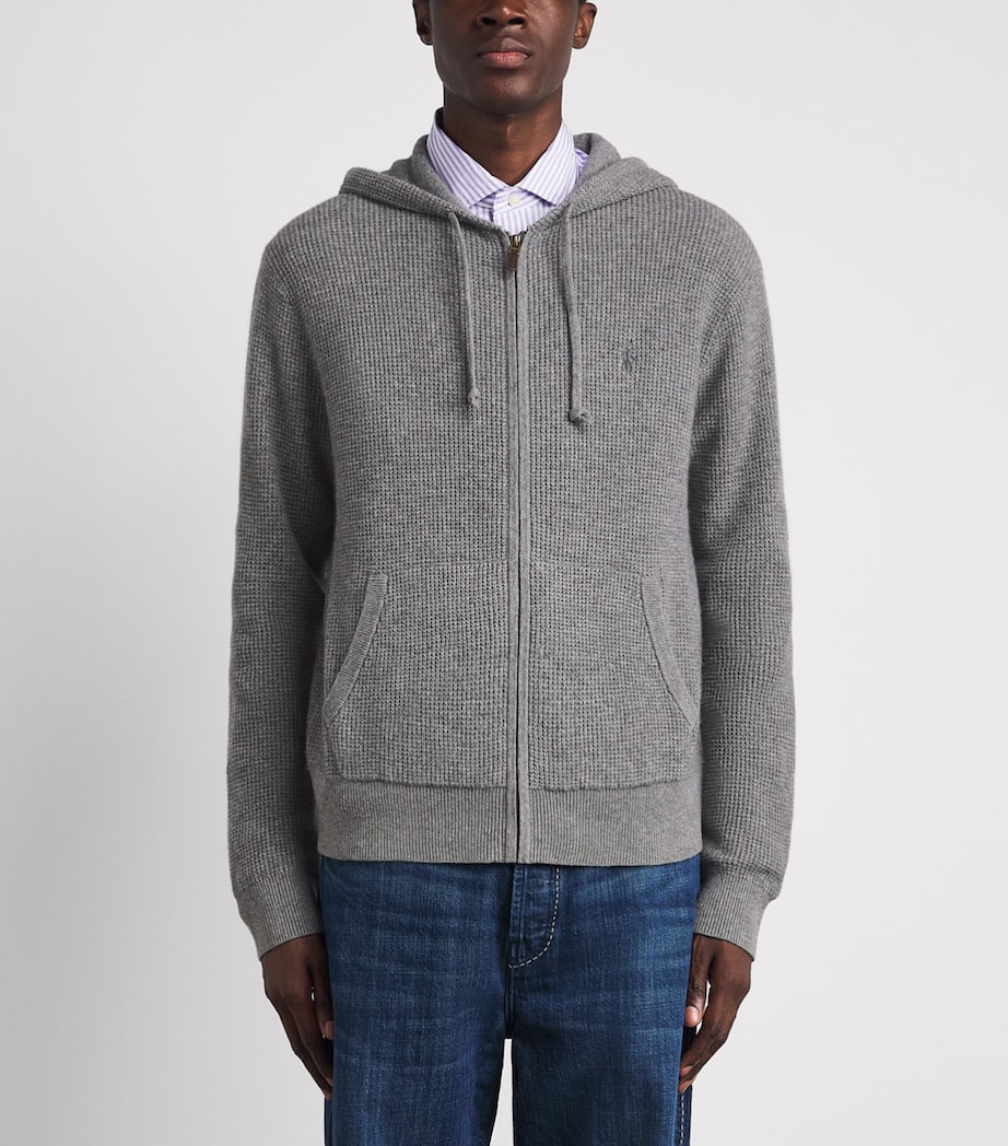 Polo Ralph Lauren Mens Wool-Cotton Waffle-Knit Zip-Up Hoodie Fawn Grey Heather Image 4