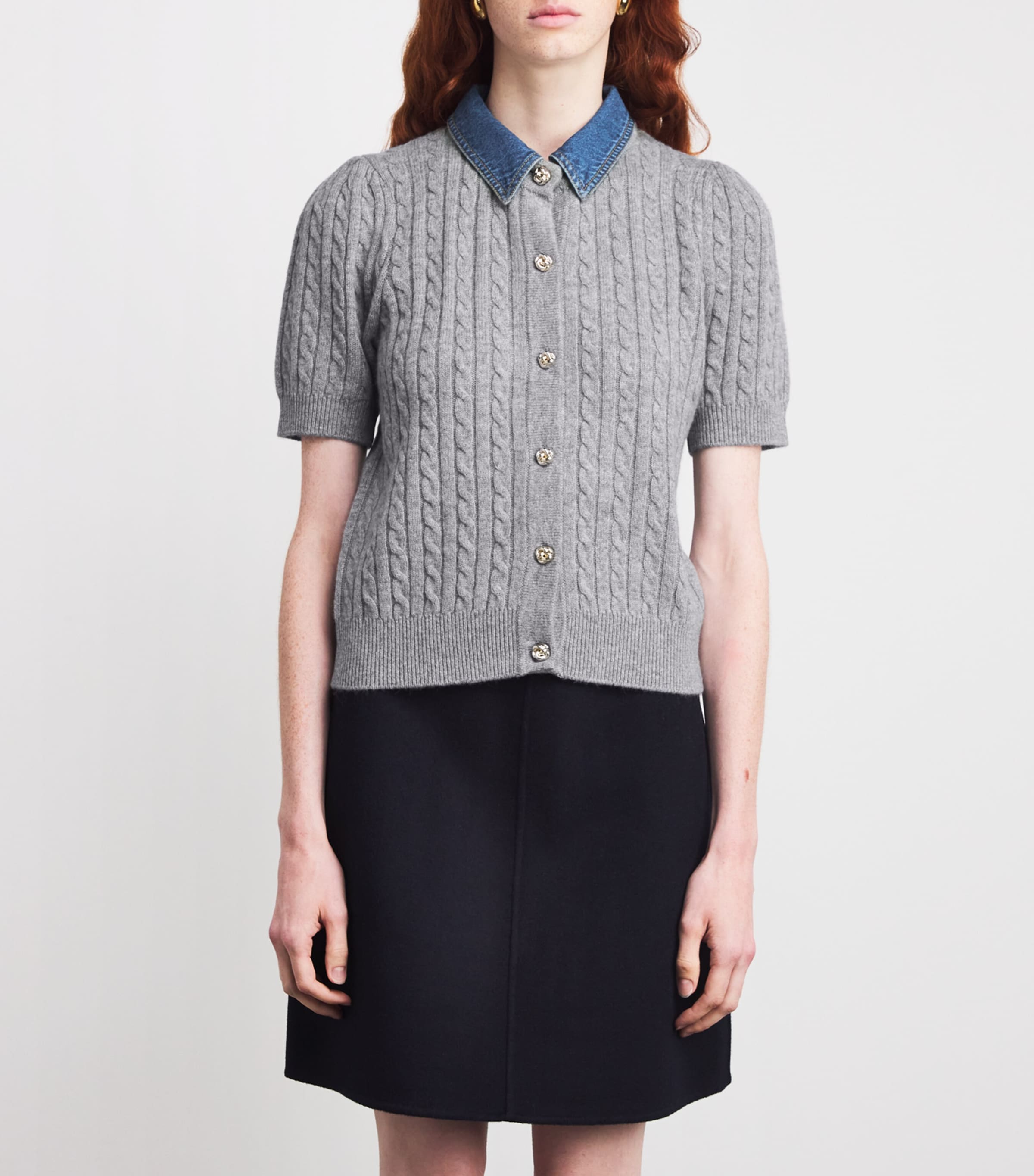 Wool-Cashmere Denim-Collar Cardigan GREY Image 3