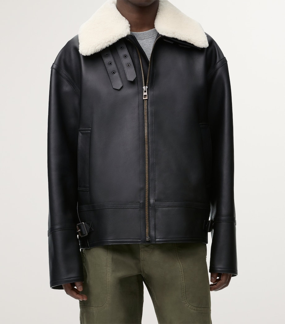 Leather Shearling-Collar Aviator Jacket BLACK Image 3