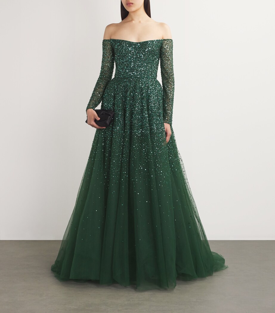 Monique Lhuillier Womens Embroidered Off-The-Shoulder Gown Juniper Image 2