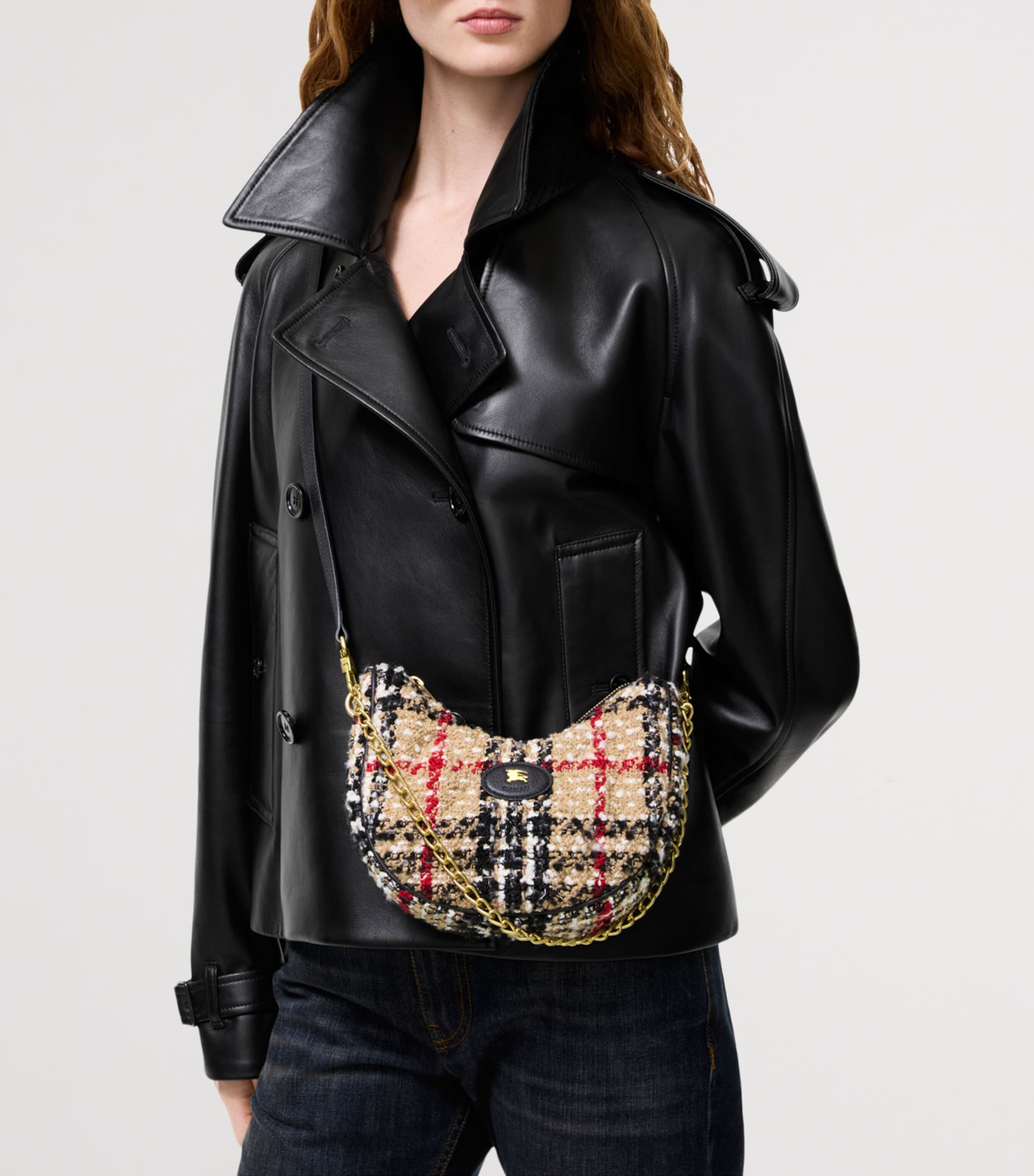 Burberry Beige Bouclé Check Horseshoe Shoulder Bag | Harrods JP