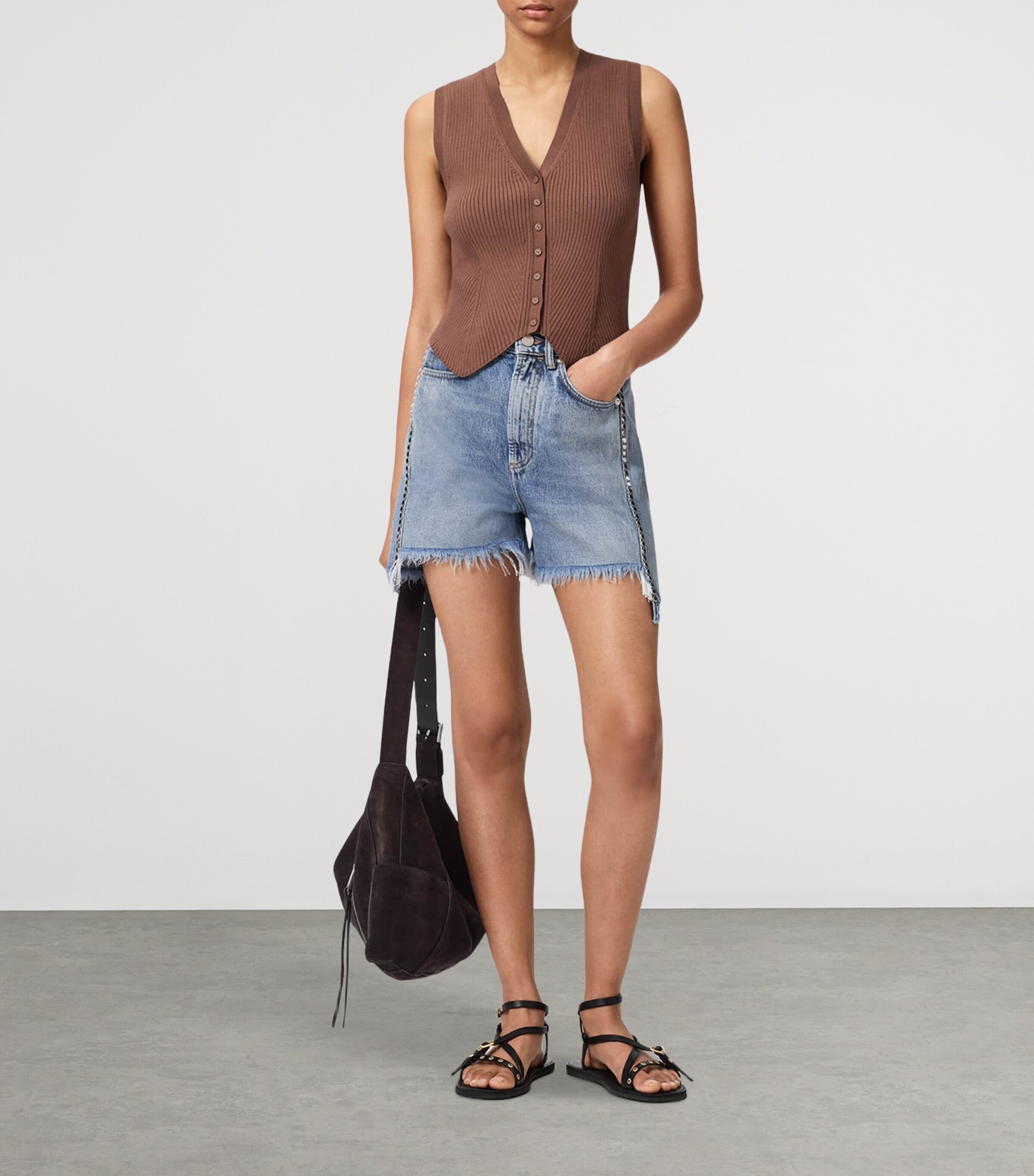 AllSaints Womens Cruz Rib Knit Waistcoat Penny Brown Image 6