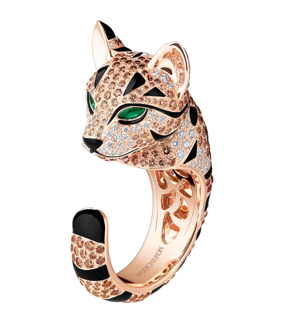 Rose Gold, Diamond and Emerald Fuzzy the Leopard Cat Ring ROSE GOLD Image 1
