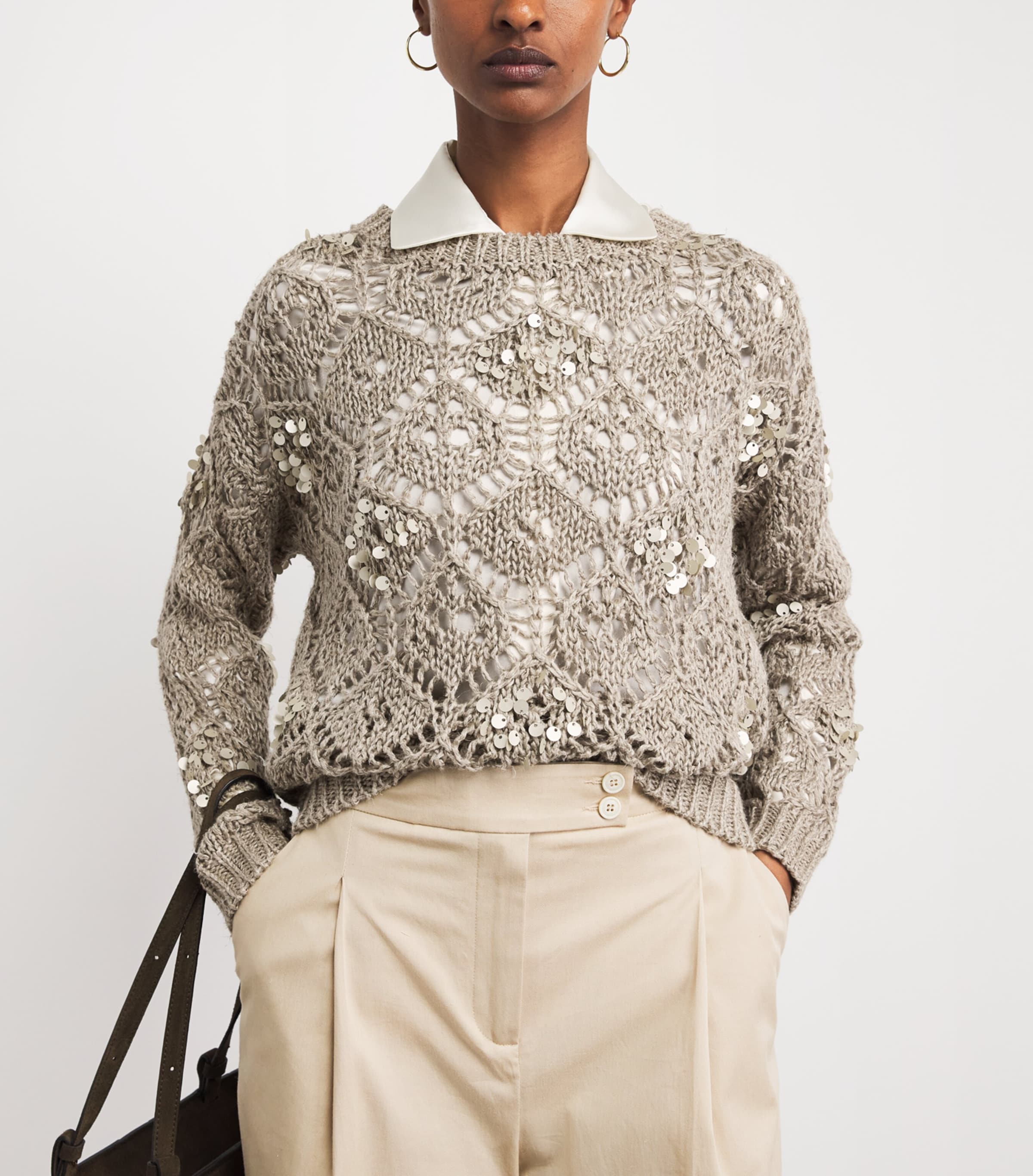 Eleventy Womens Linen Sequinned Sweater Sabbia Image 3