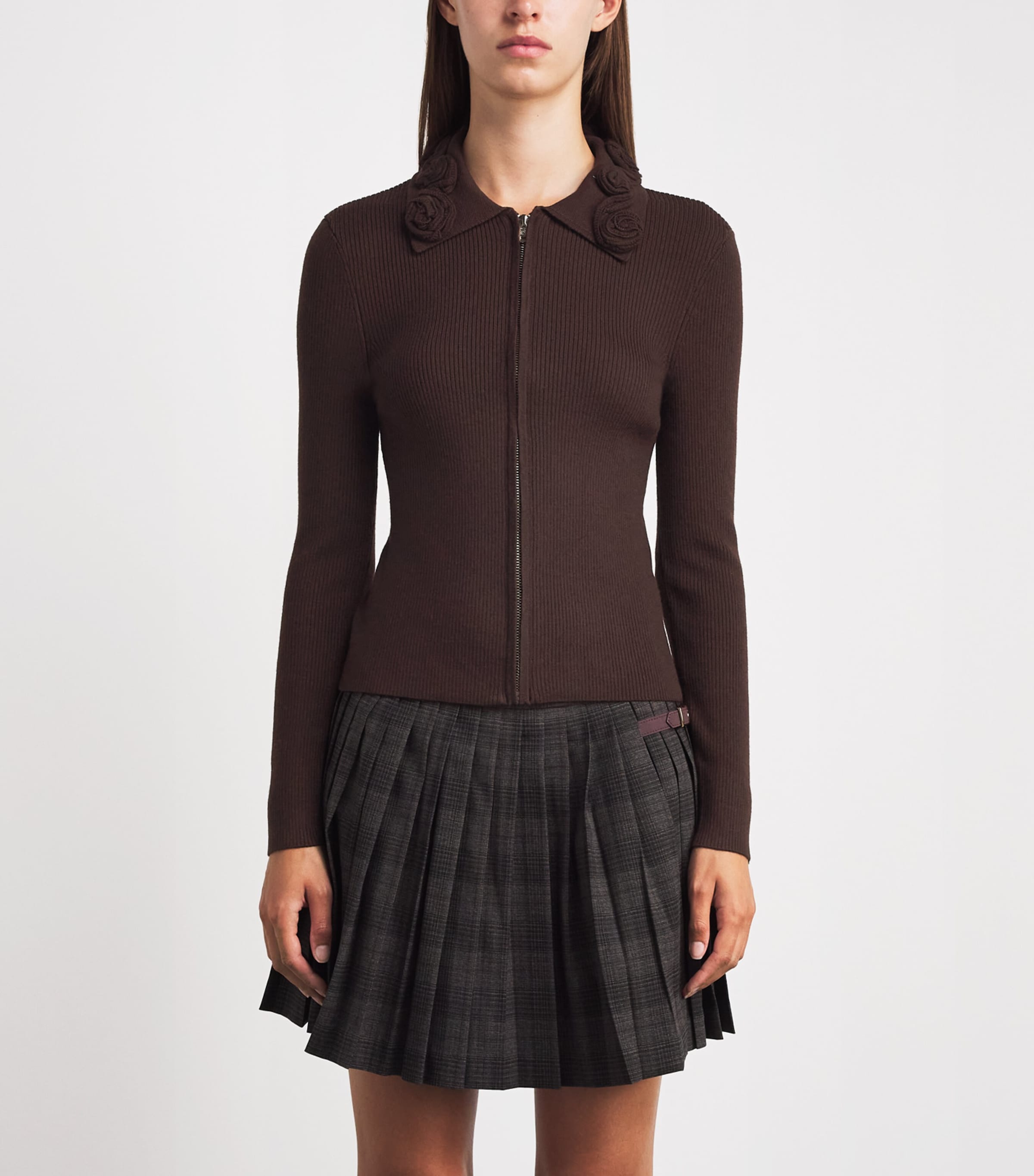 Sandro Paris Womens Floral-Collar Zip-Up Cardigan Brown Image 4