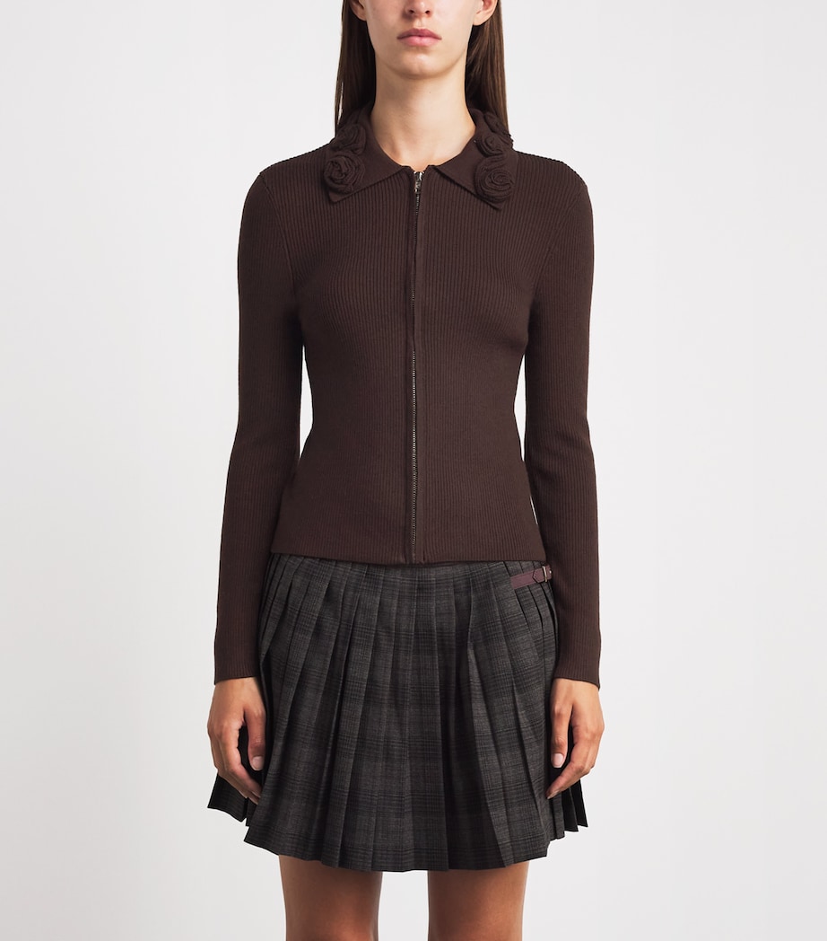 Sandro Paris Womens Floral-Collar Zip-Up Cardigan Brown Image 4