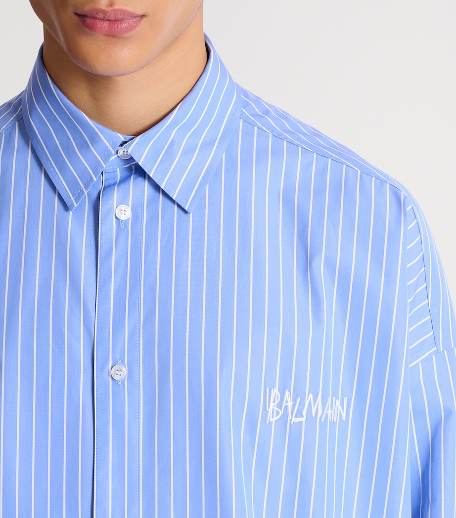 Balmain Mens Cotton Relaxed Stripe Logo Shirt Sab Bleu/blanc Image 6