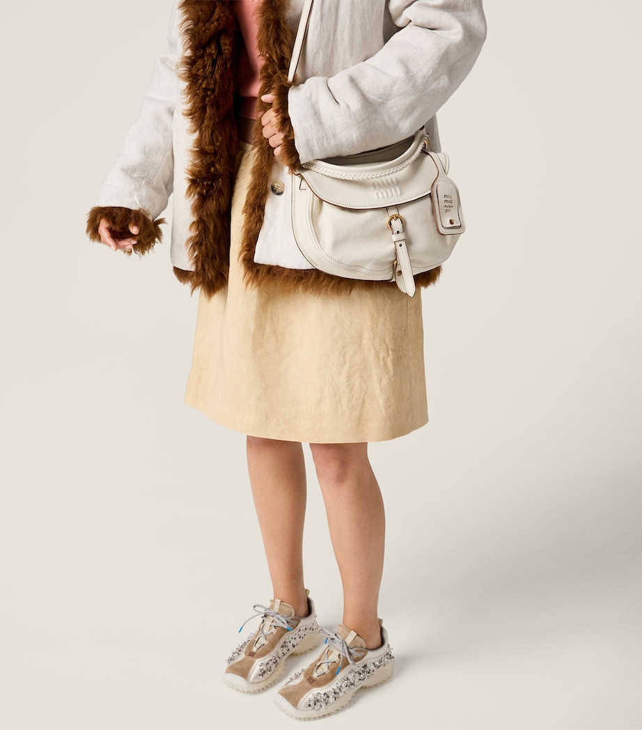 Miu Miu Womens Linen Frayed-Logo Mini Skirt Neutral Image 4