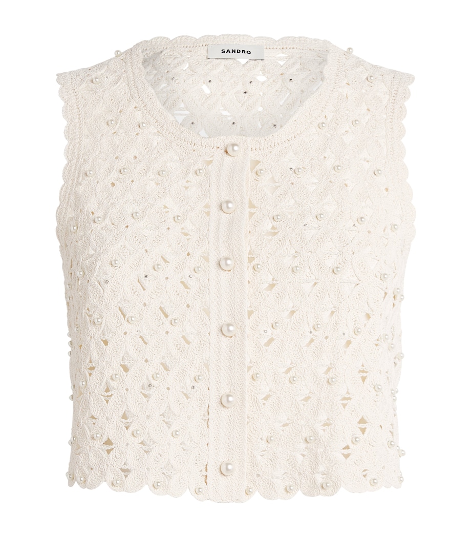 Sandro Paris Womens Crochet Embellished Top Ecru Image 1