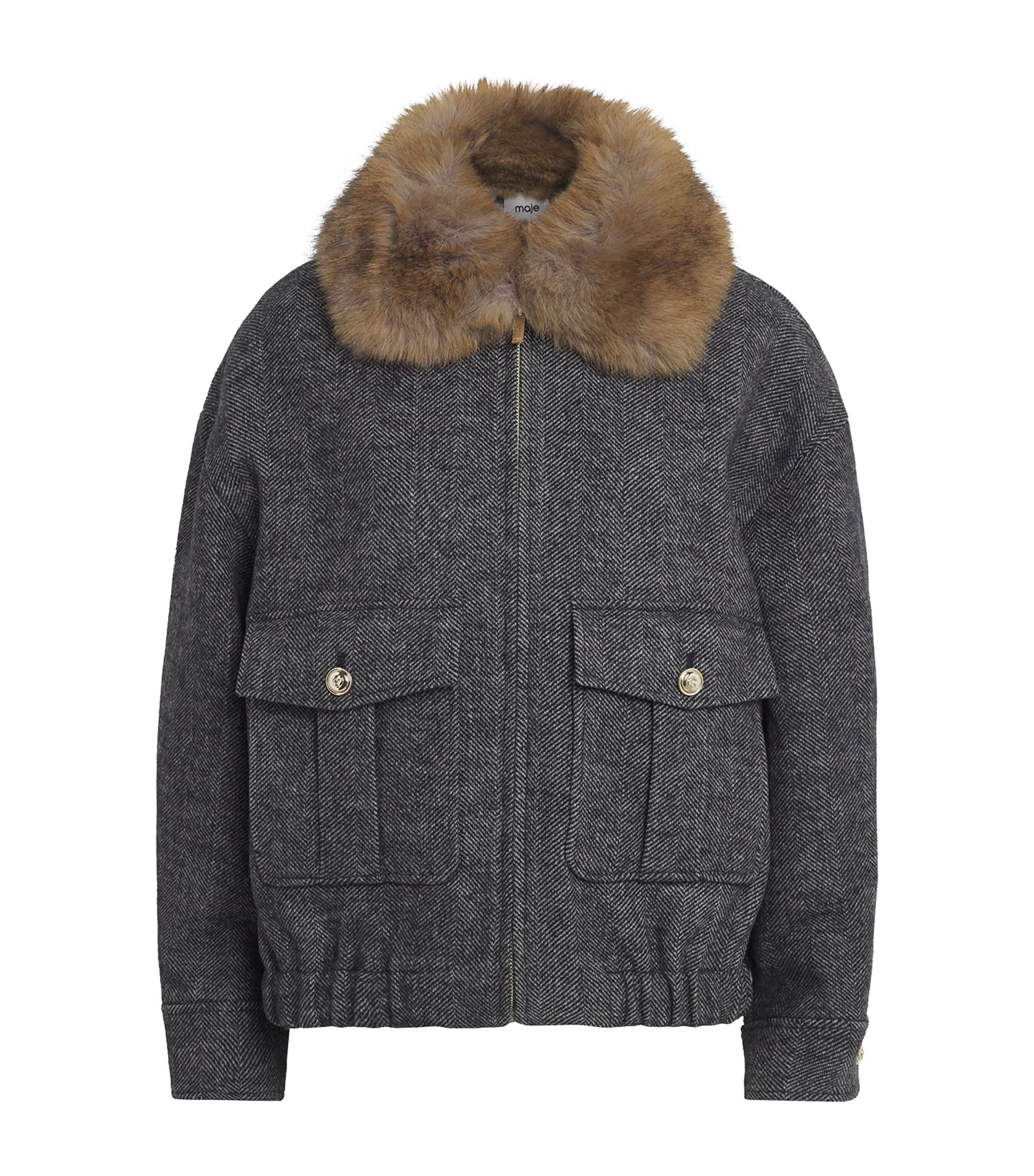 Maje Womens Denim Oversized Herringbone Jacket Dark Grey Image 1