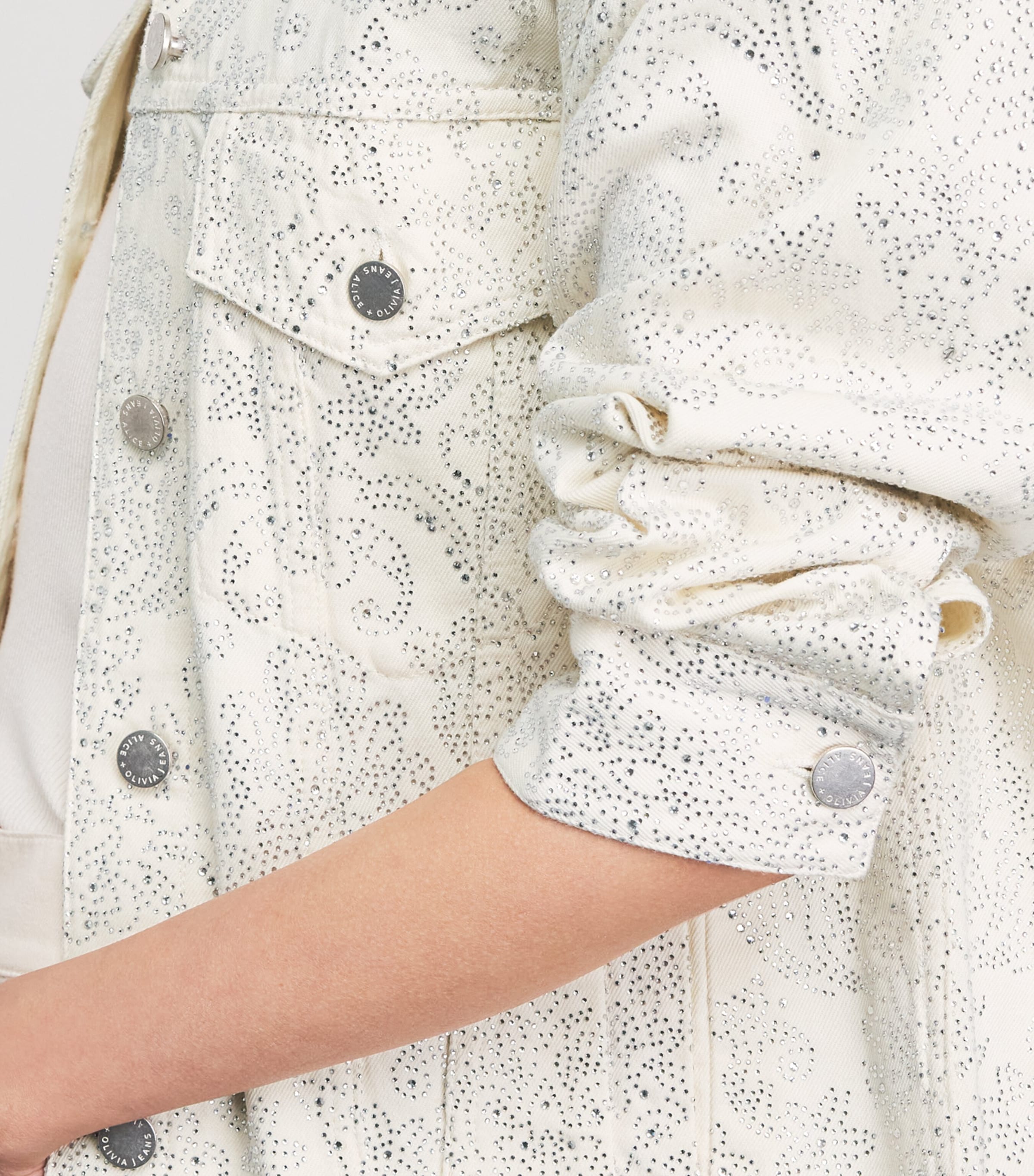 Alice+Olivia Womens Embellished Jeff Denim Jacket Off White/multi Image 3