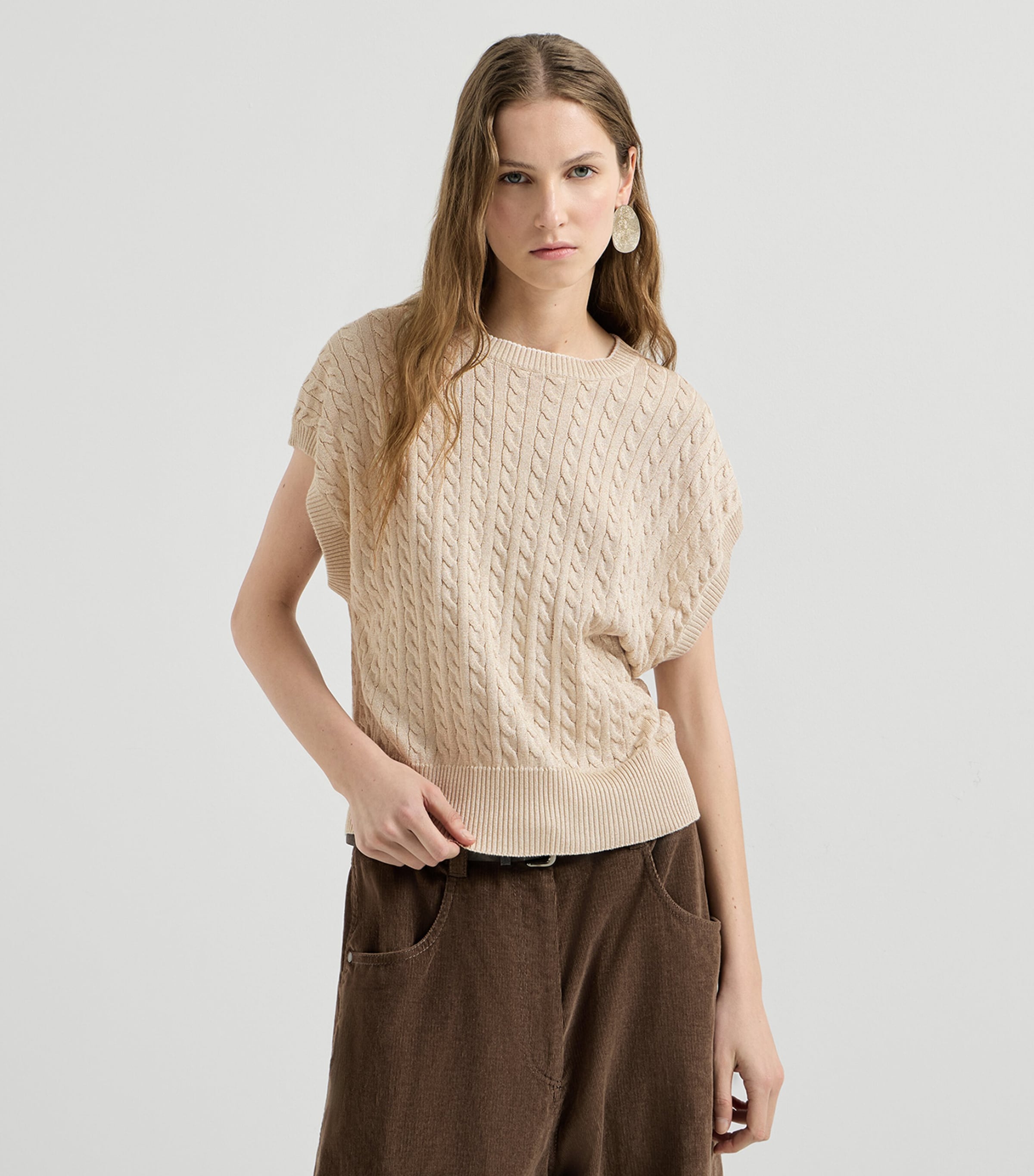 Brunello Cucinelli Womens Cable-Knit Sparkling Short-Sleeve Sweater Butter Image 4
