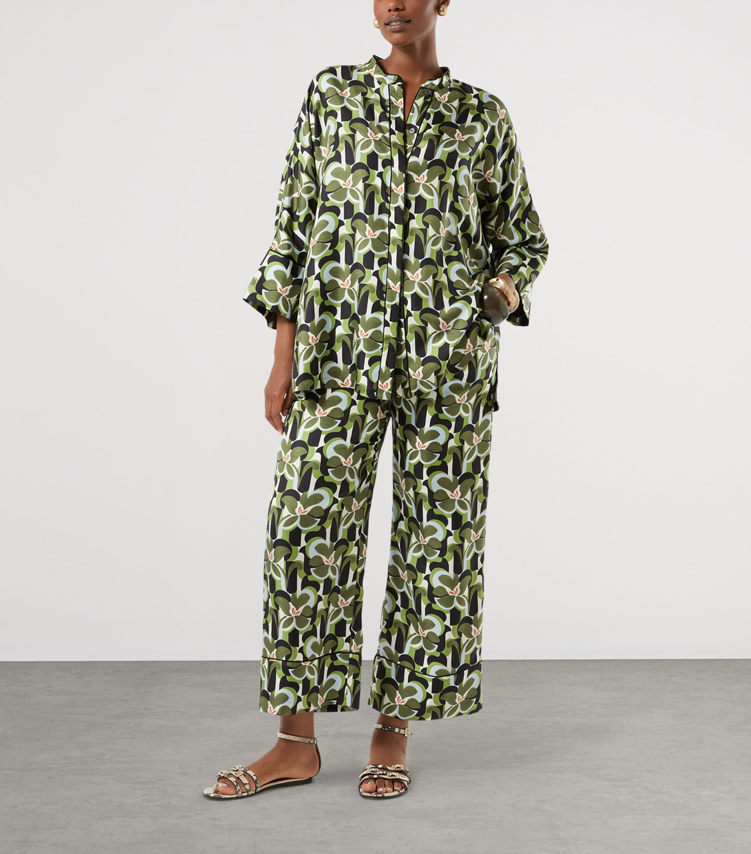 Marina Rinaldi Womens Silk Cropped Wide-Leg Trousers Olive Green Image 2