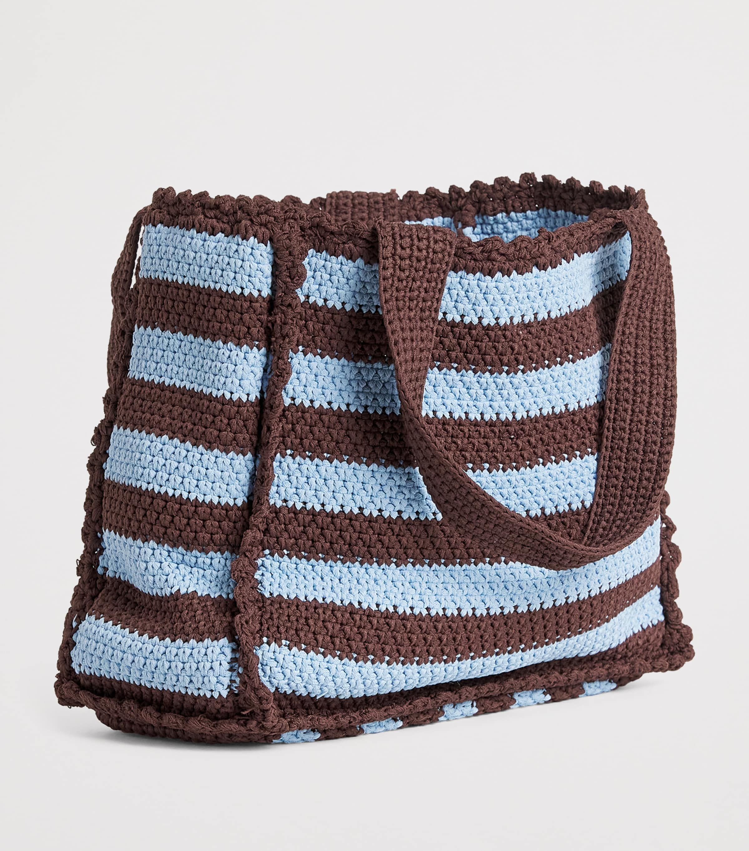 Sandro Paris Crochet Stripe Tote Bag Light Blue / Brown Image 3