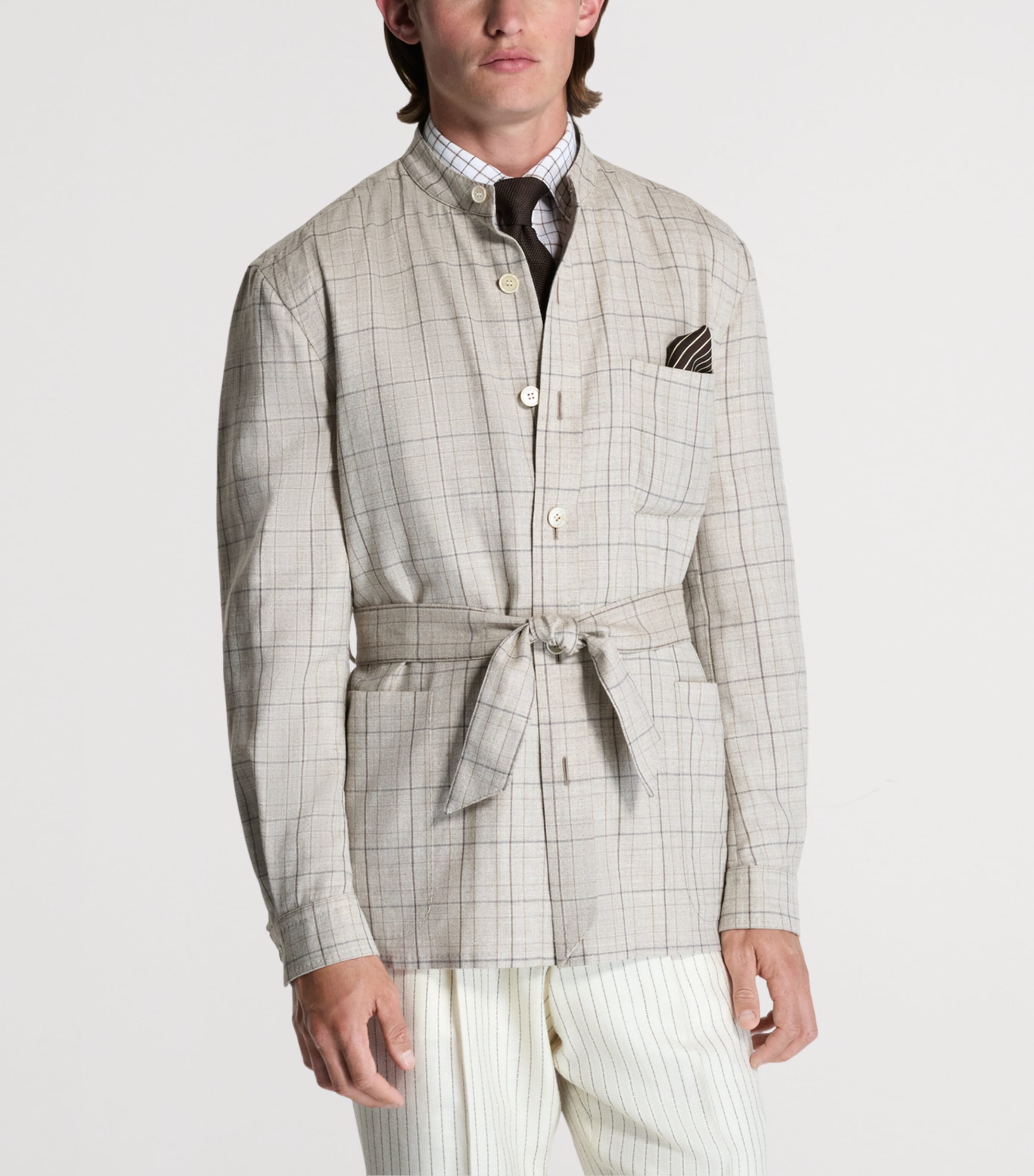 Dunhill Mens Wool-Silk-Linen Check Belted Jacket Image 5