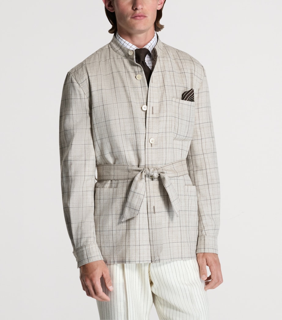 Dunhill Mens Wool-Silk-Linen Check Belted Jacket Image 5