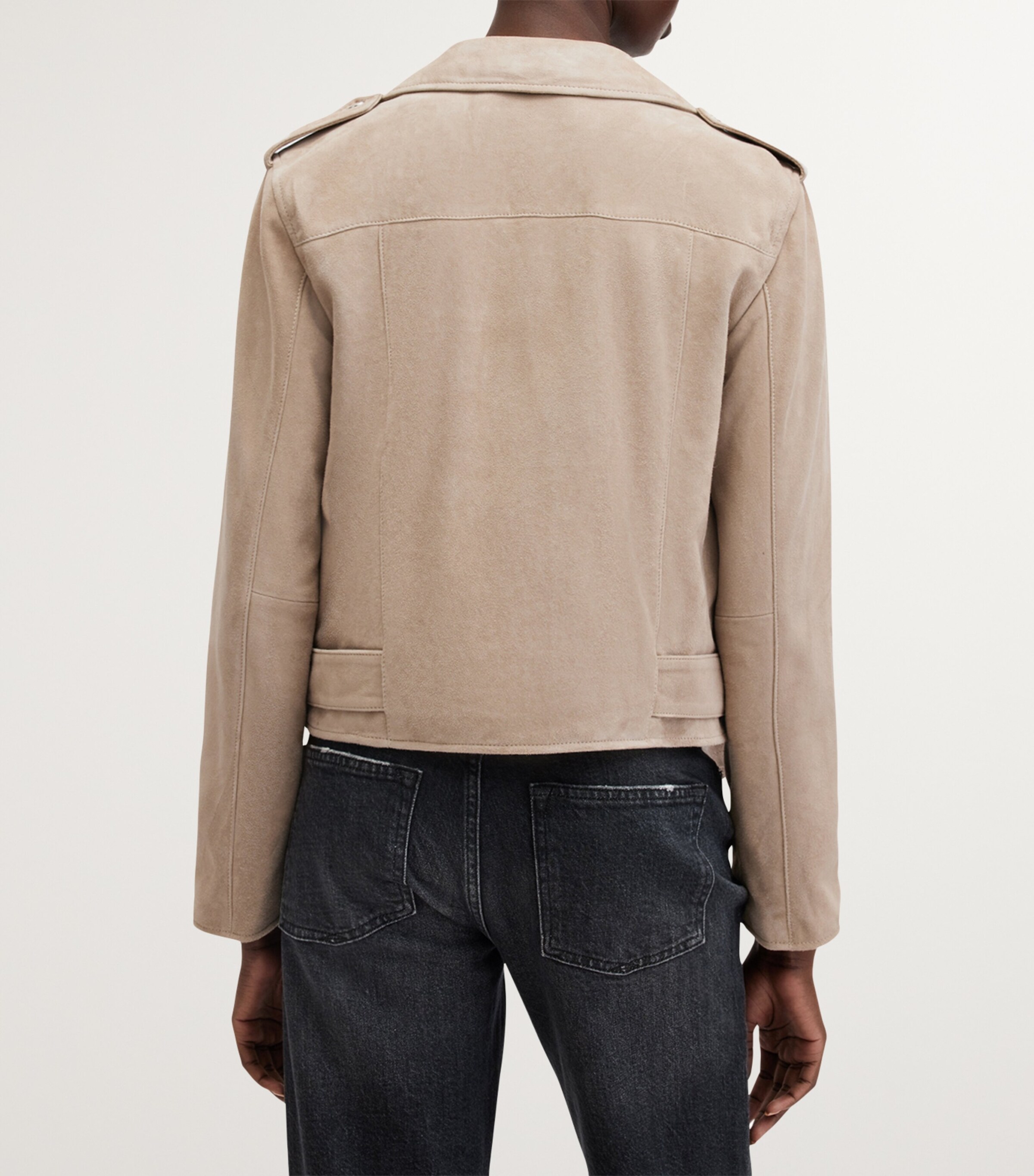 AllSaints Womens Suede Balfern Biker Jacket Warm Taupe Grey Image 6