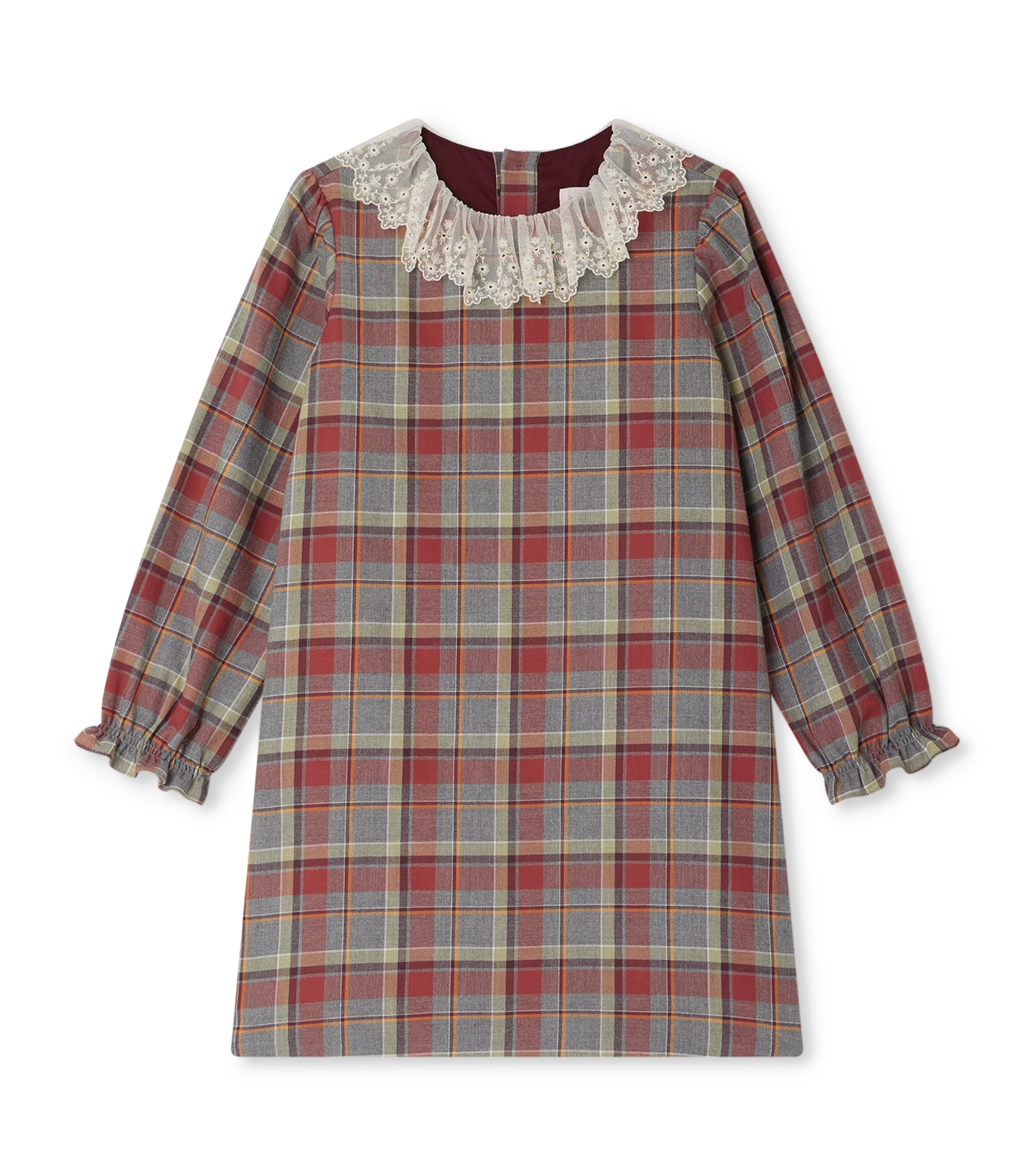Bonpoint Lace-trimmed Plaid Dress In Burgundy
