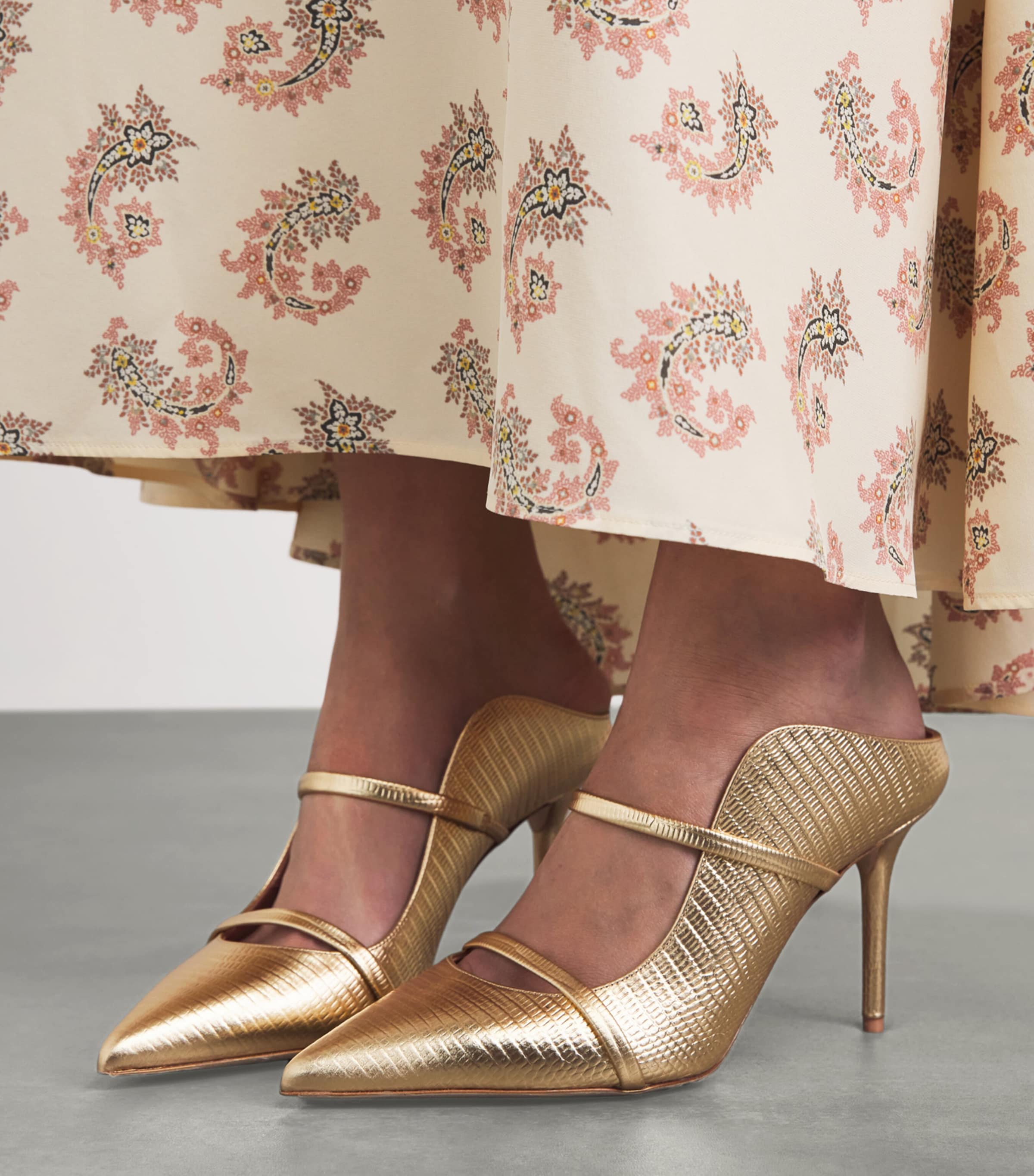 Malone Souliers x Harrods Exclusive Metallic Leather Embossed Maureen Mules 85 Antique Gold Image 2