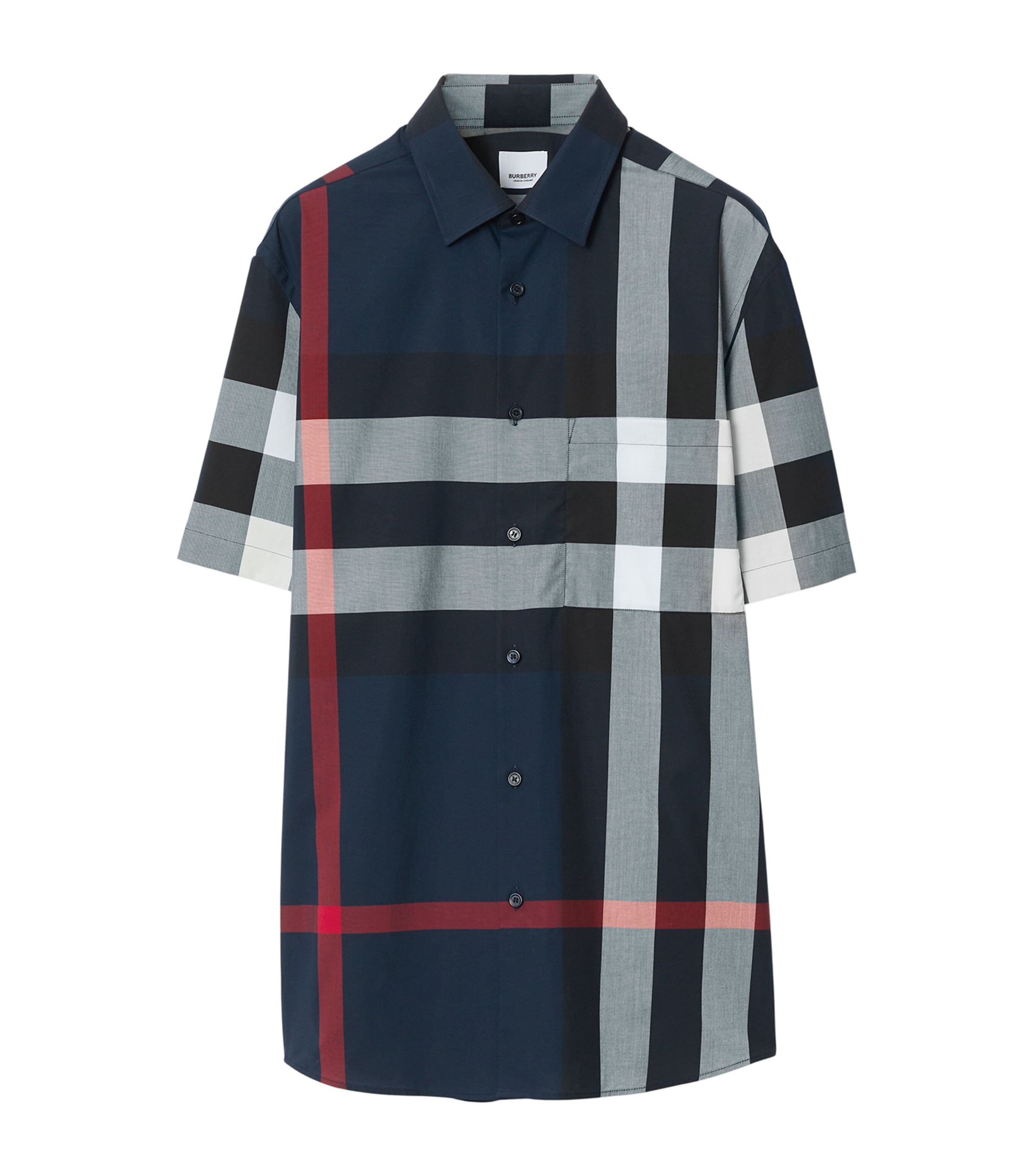 Burberry Short-sleeve Check Stretch Cotton Poplin Shirt In Navy