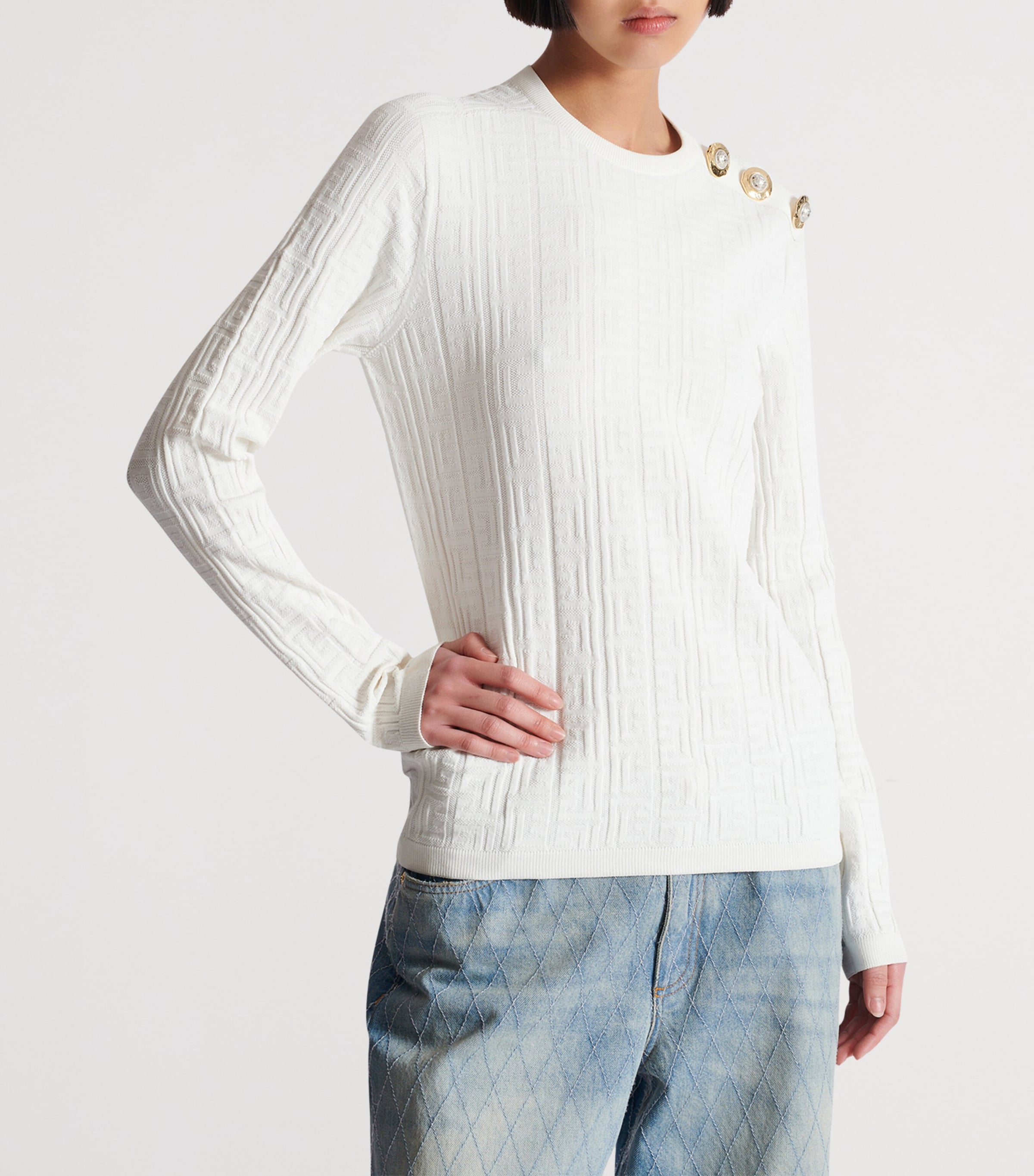 Button-Trim Monogram Sweater 0KA NATUREL Image 6