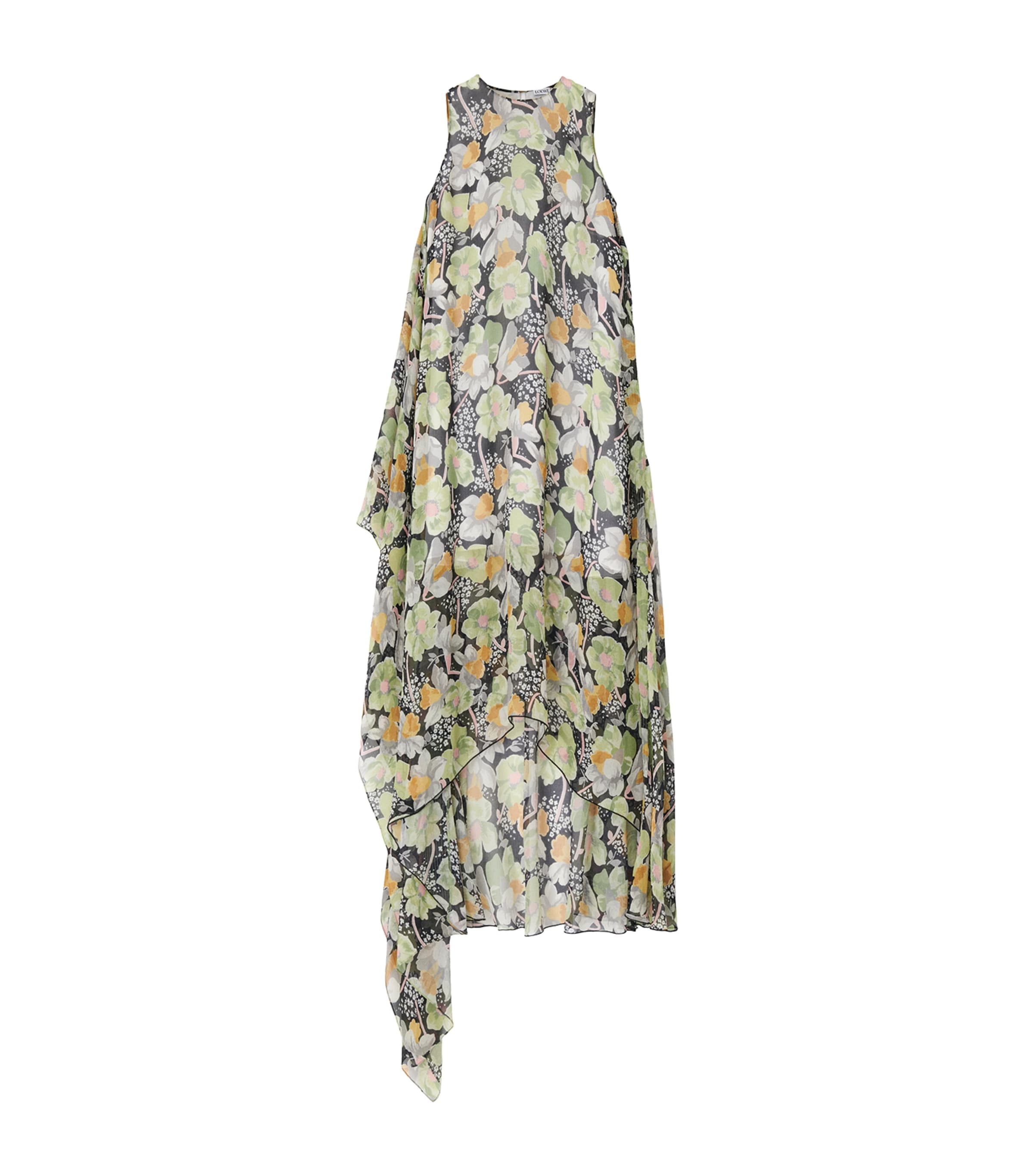 Loewe Floral Print Hoop Skirt Maxi Chiffon Silk Dress In Black