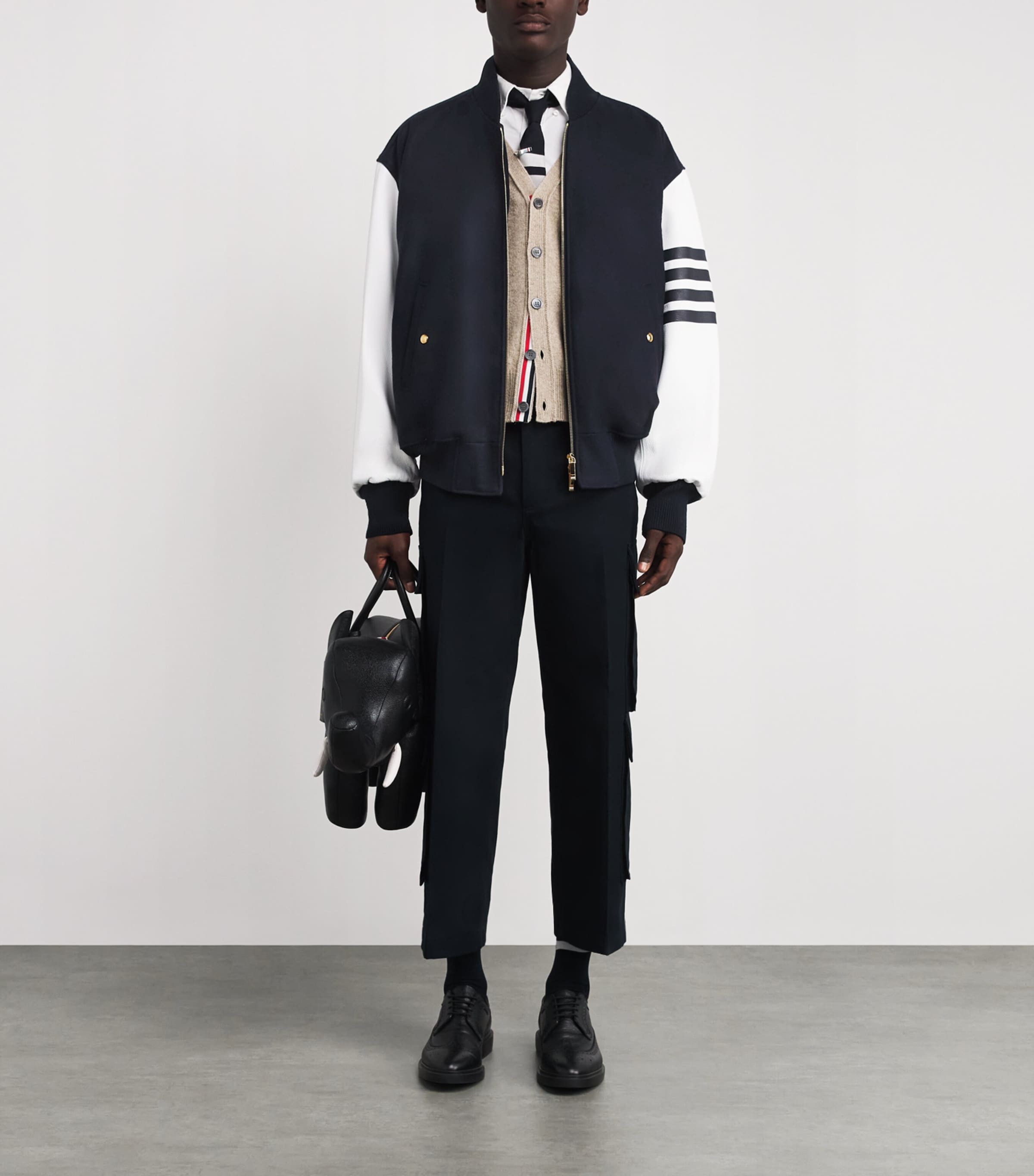 Wool-Leather 4-Bar Oversized Bomber Jacket NAVY Image 2