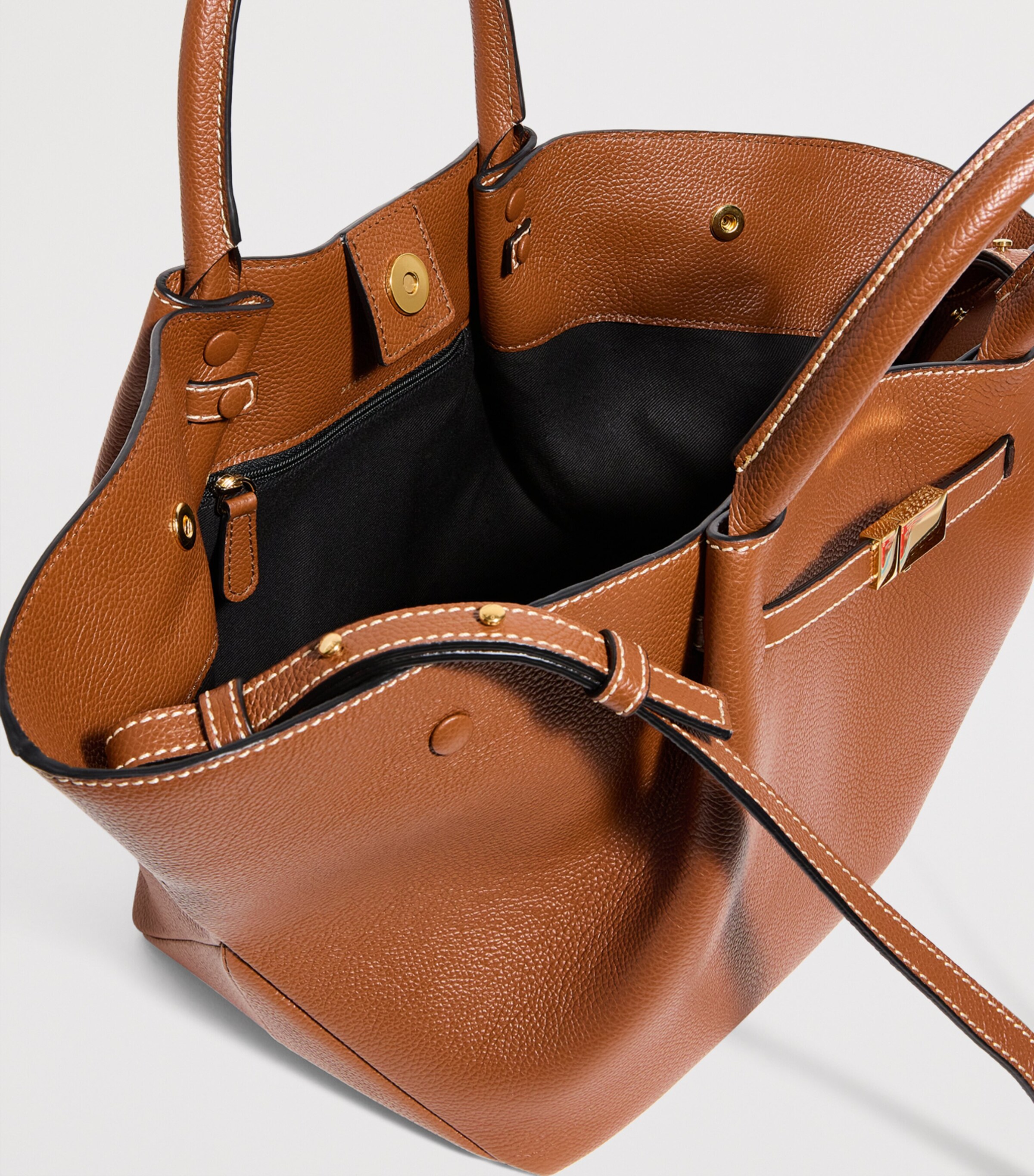 Demellier Medium Leather New York Shoulder Bag Tan W/ecru Stitching Image 4