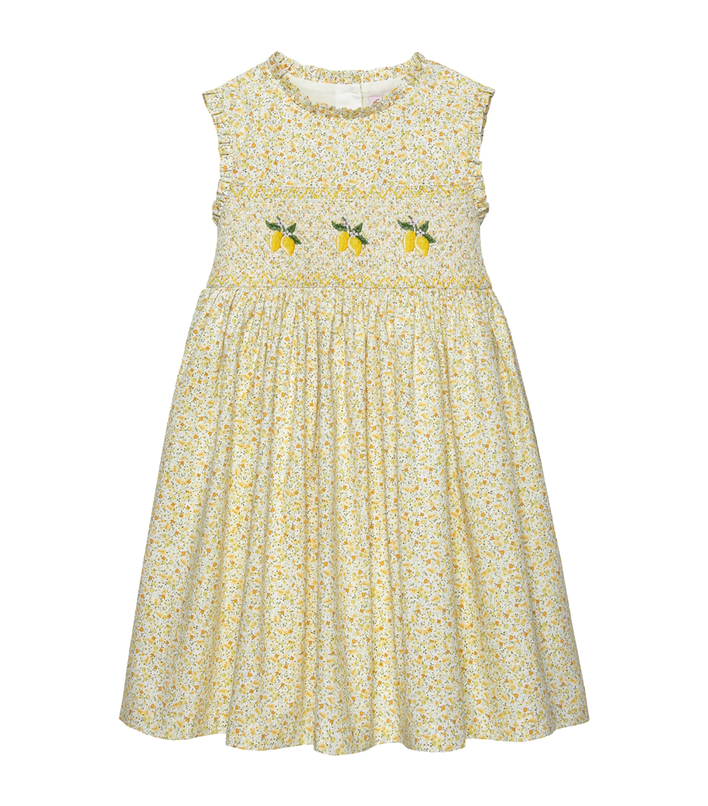 Trotters Lemon-embroidered Floral Dress In Yellow