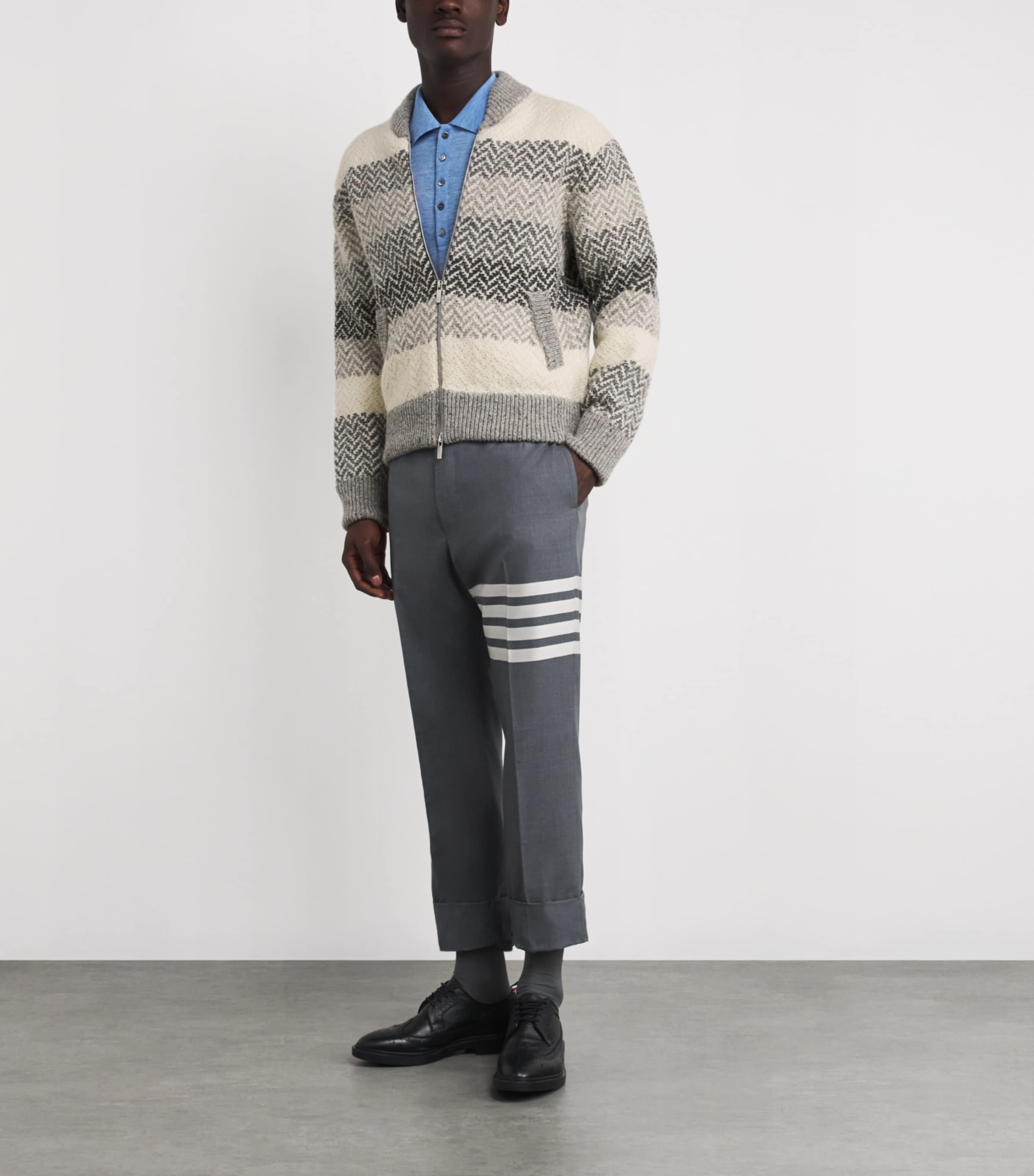 Wool-Mohair Herringbone Cardigan Bomber Jacket TONAL GREY Image 2