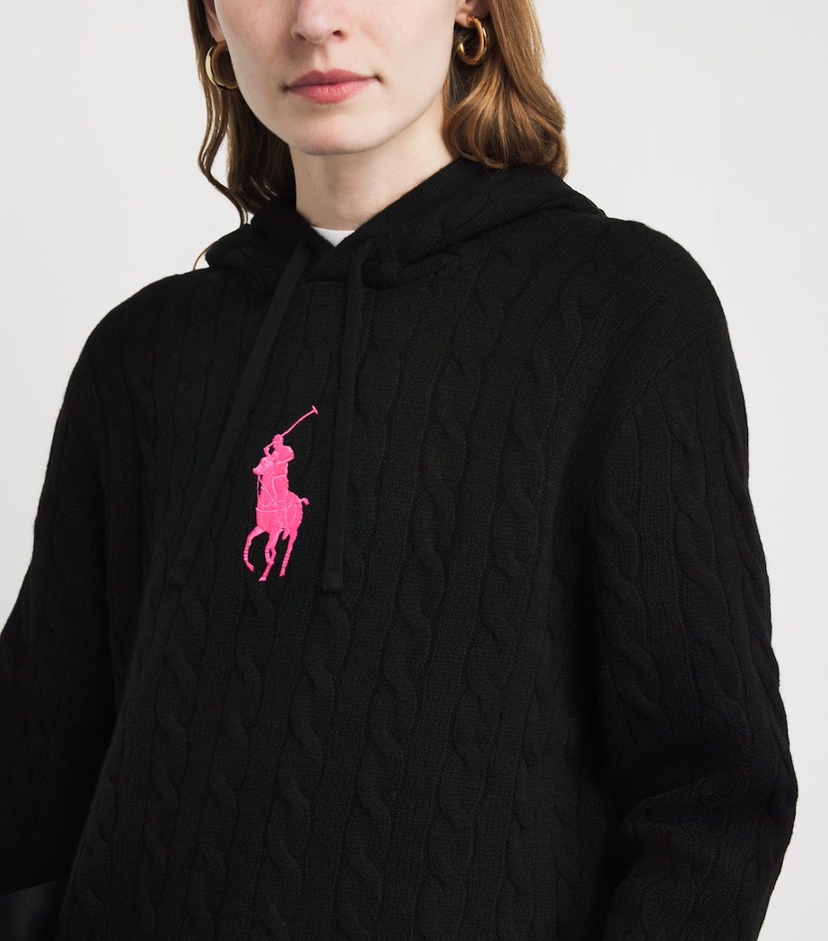 Wool-Cashmere Cable-Knit Pink Pony Hoodie POLO BLACK Image 6