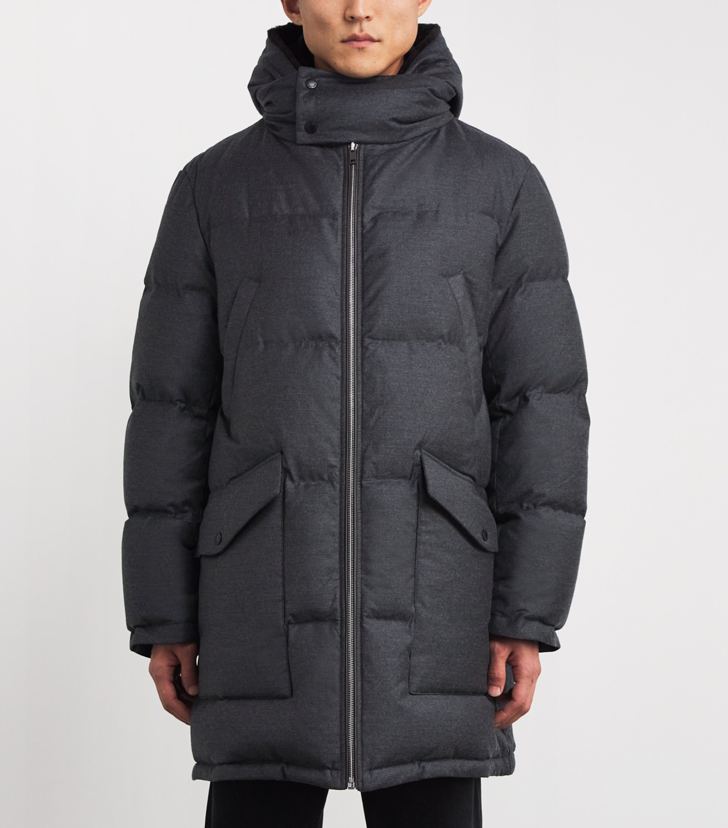 Wool-Silk Down Mink-Trim Coat B0232 ANTHRACITE/MHO Image 3