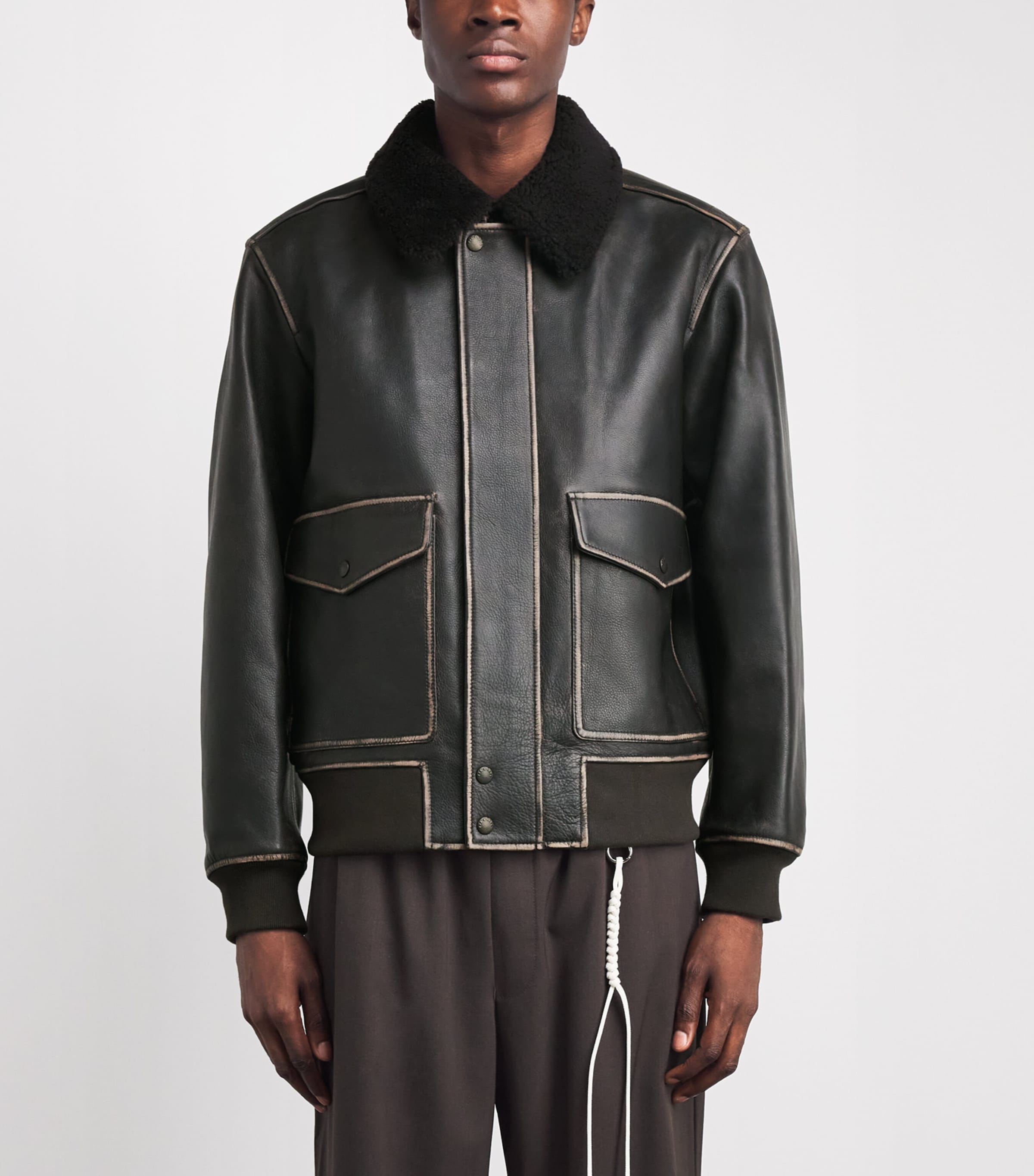 Rag & Bone Mens Leather Shearling-Collar Bomber Jacket Brown Image 4