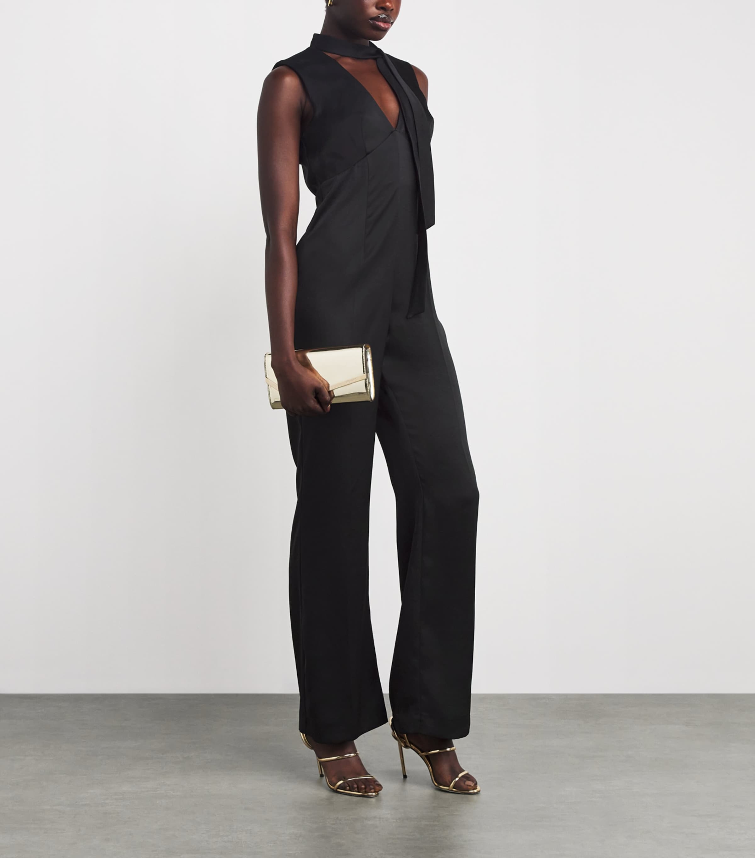 Satin Plunge-Neck Jumpsuit BLACK Image 2