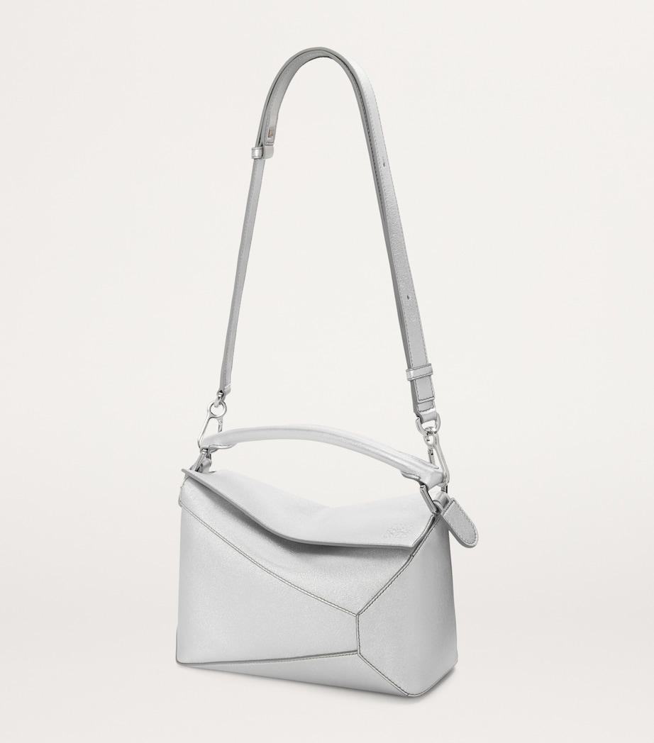Small Metallic Leather Puzzle Top-Handle Bag SILVER Image 5