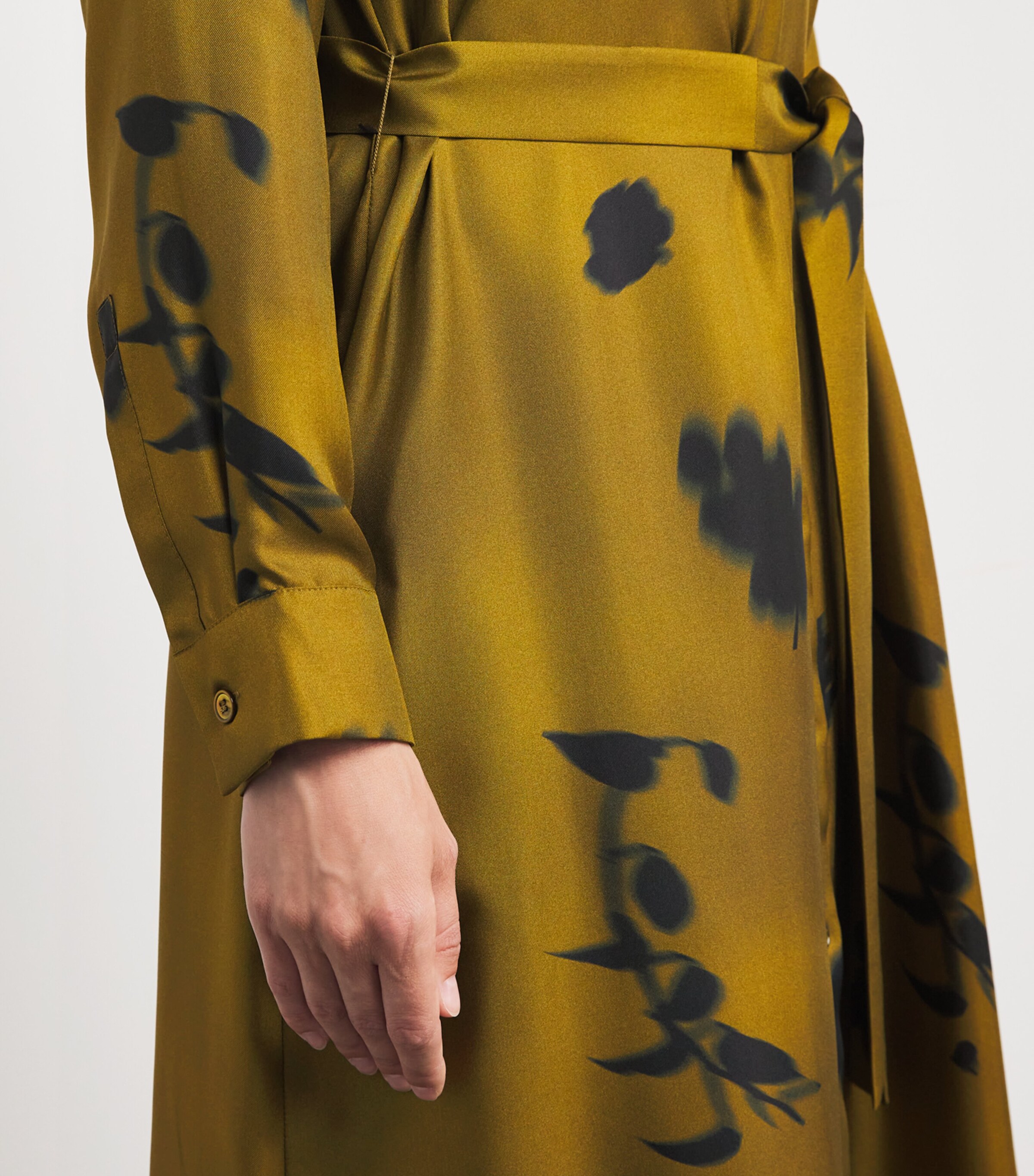 Silk Printed Jadi Midi Shirt Dress 001 OLIVE GREEN Image 7