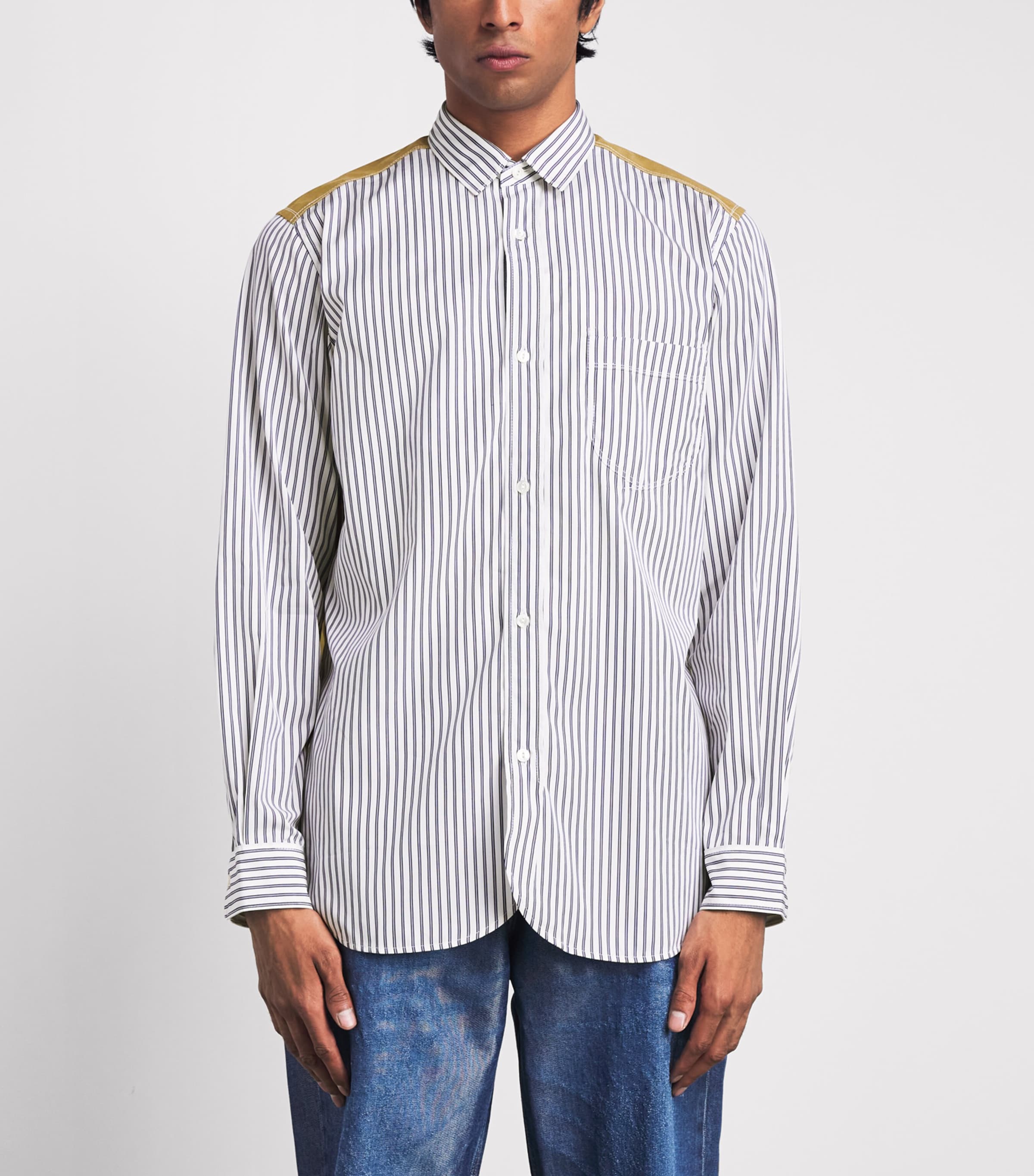 Junya Watanabe MAN Mens Cotton Stripe Shirt Wht/nvy X Beige Image 4