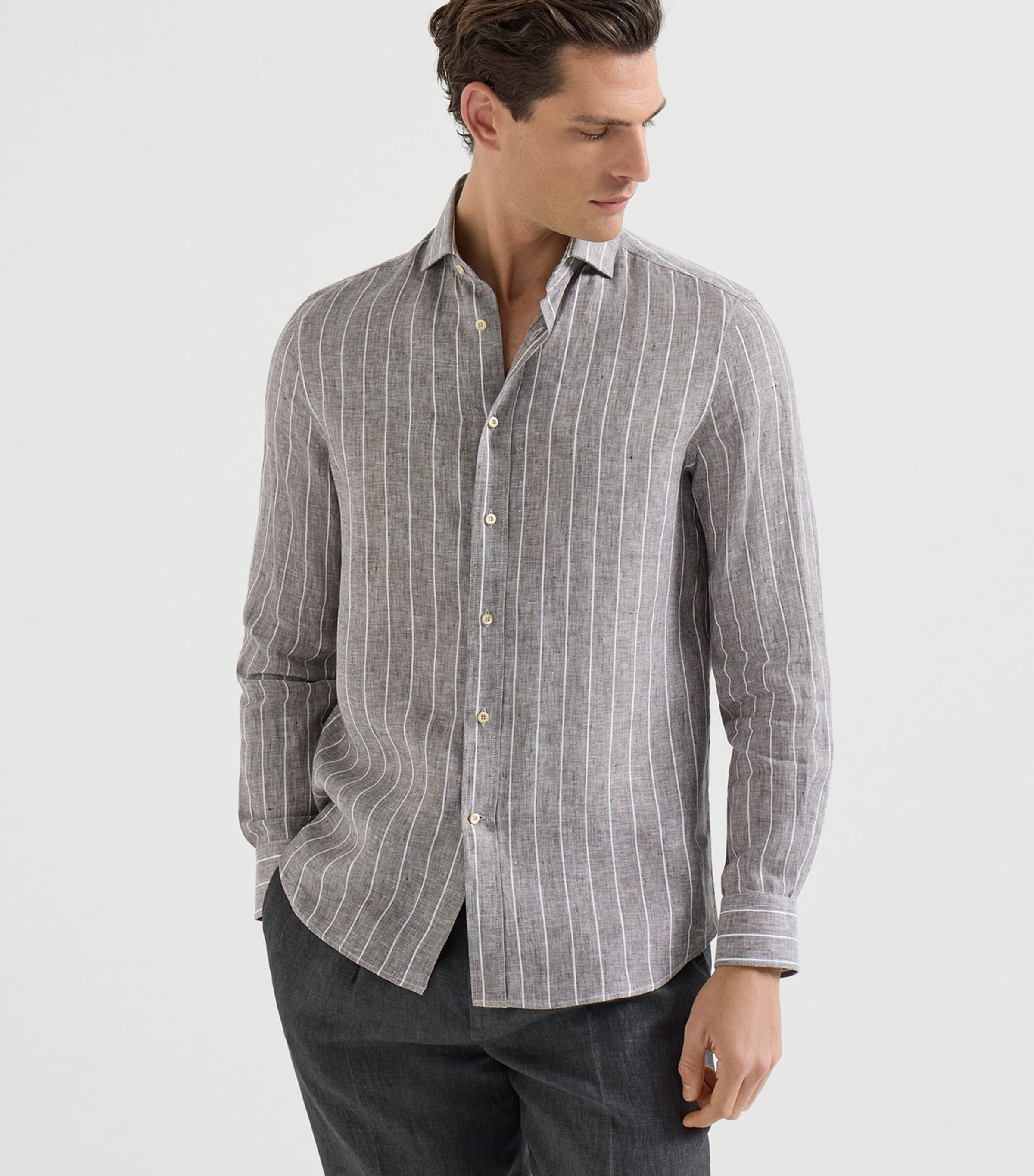 Brunello Cucinelli Brown Linen Chalk Stripe Shirt | Harrods US