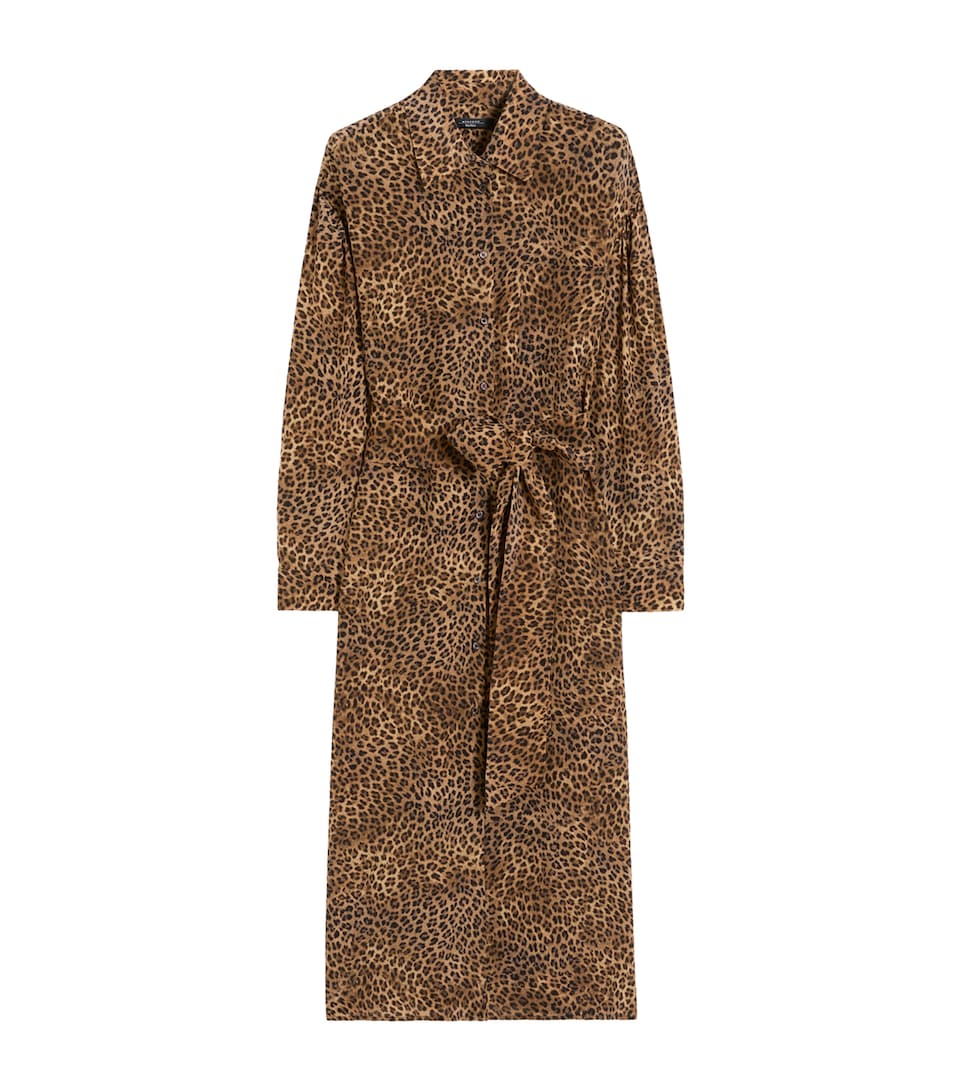 Weekend Max Mara Silk Leopard Print Midi Shirt Dress Camel