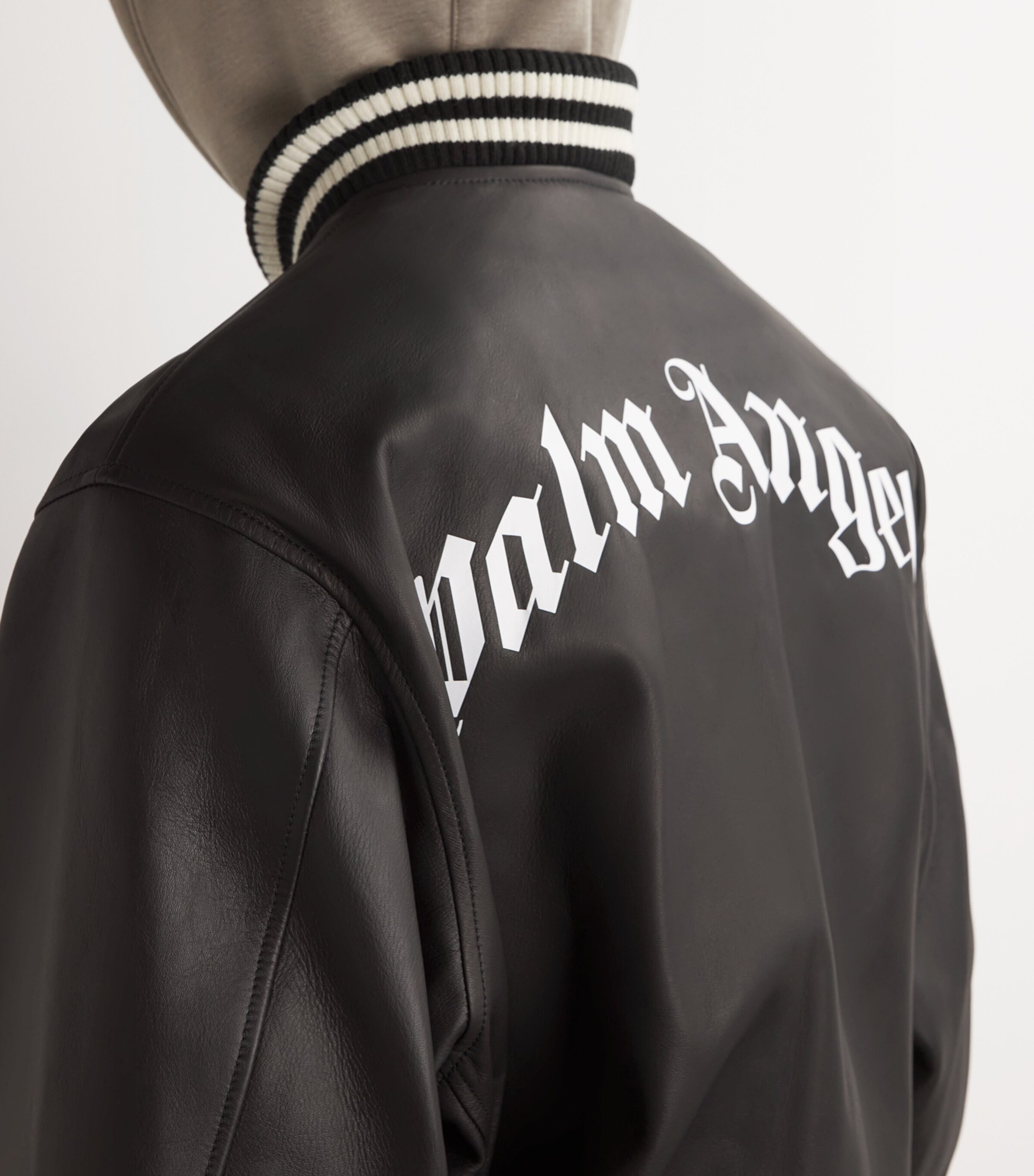 Palm Angels Mens Leather Logo Bomber Jacket Black Off White Image 6
