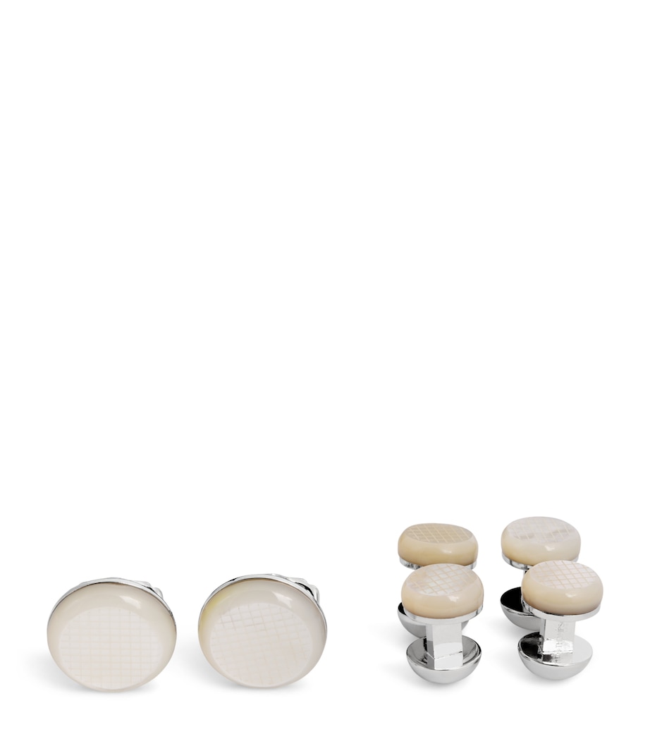 Thompson Mother-Of-Pearl Woven Round Cufflinks and Studs Set WHITE BRONZE Image 1