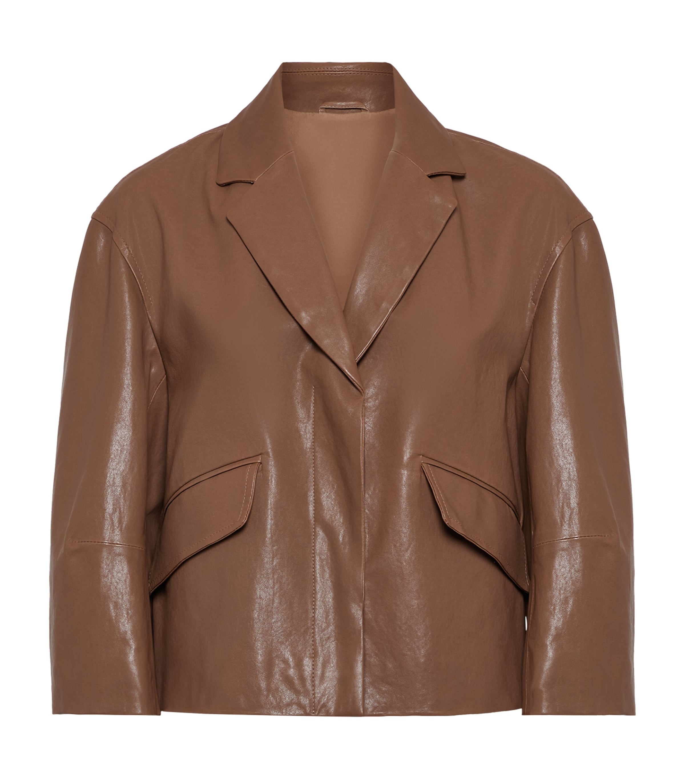 Brunello Cucinelli Brown Crop Jacket With Classic Lapels And Three-quarter Sleeves In Leather Woman In Brown