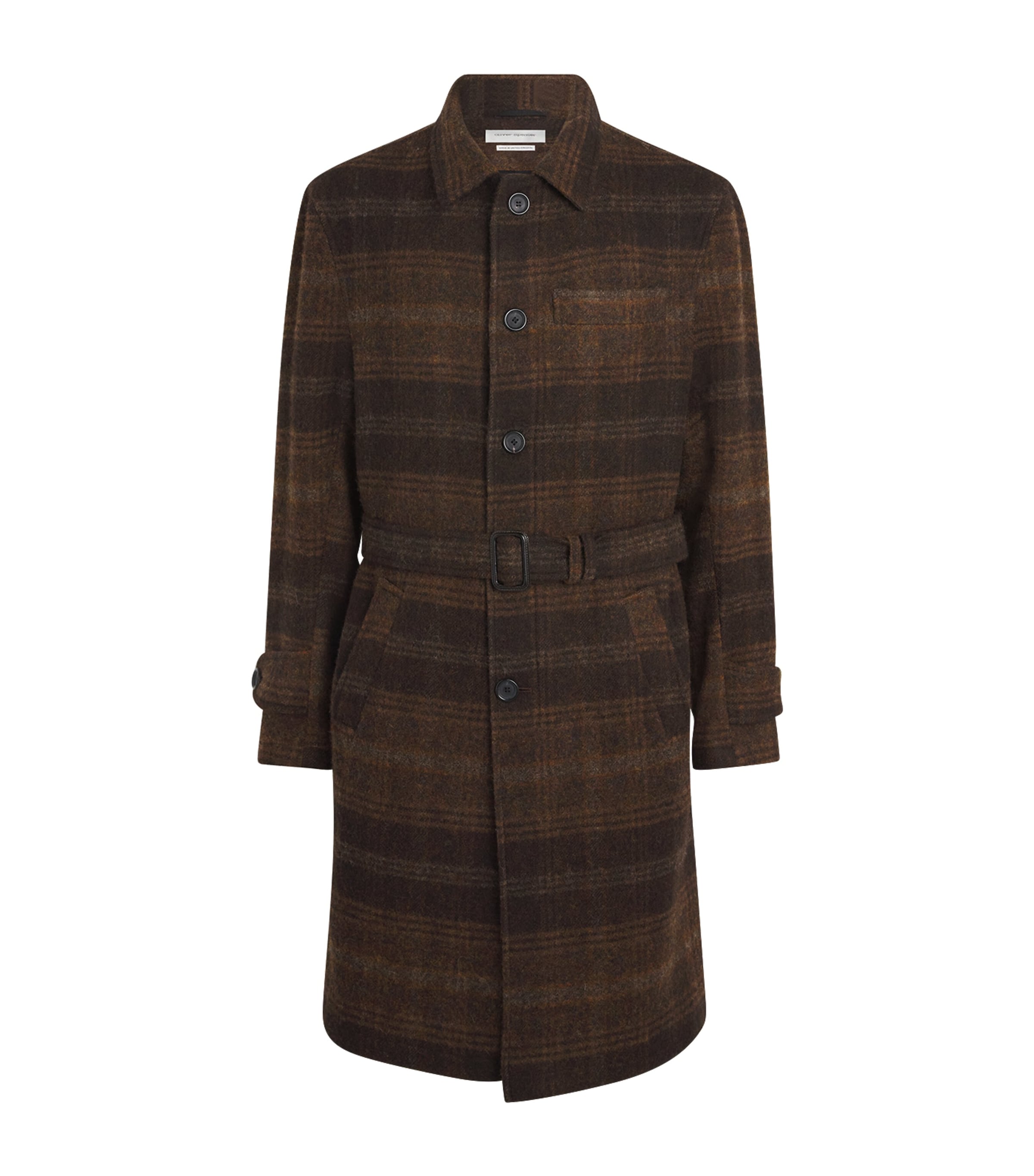 Oliver Spencer Tartan Belted Coat In Brown